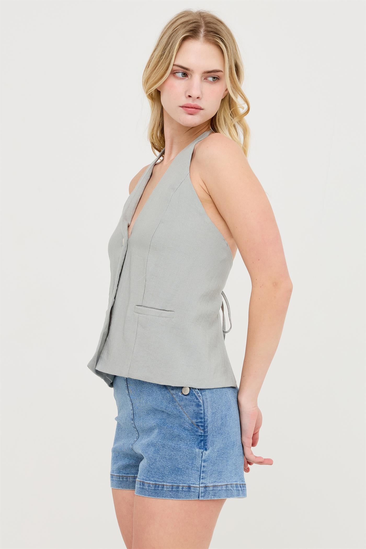 Wholesale Button Front Halter Top Clothing Tops HF26C130 DUSTY SAGE HYFVE