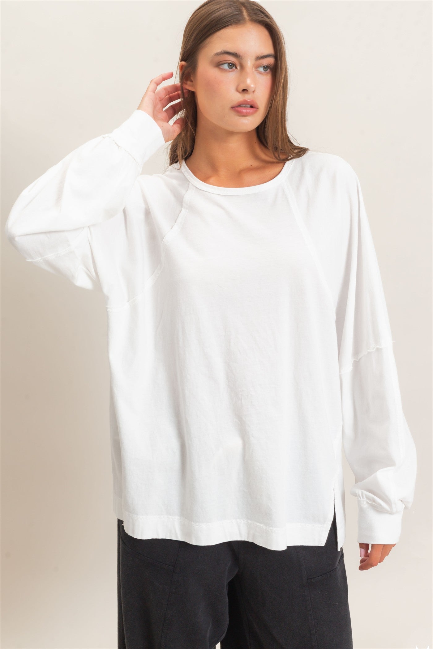 Wholesale Raglan Sleeve Snow Wash Top Shirts DZ26E945 WHITE DOUBLE ZERO