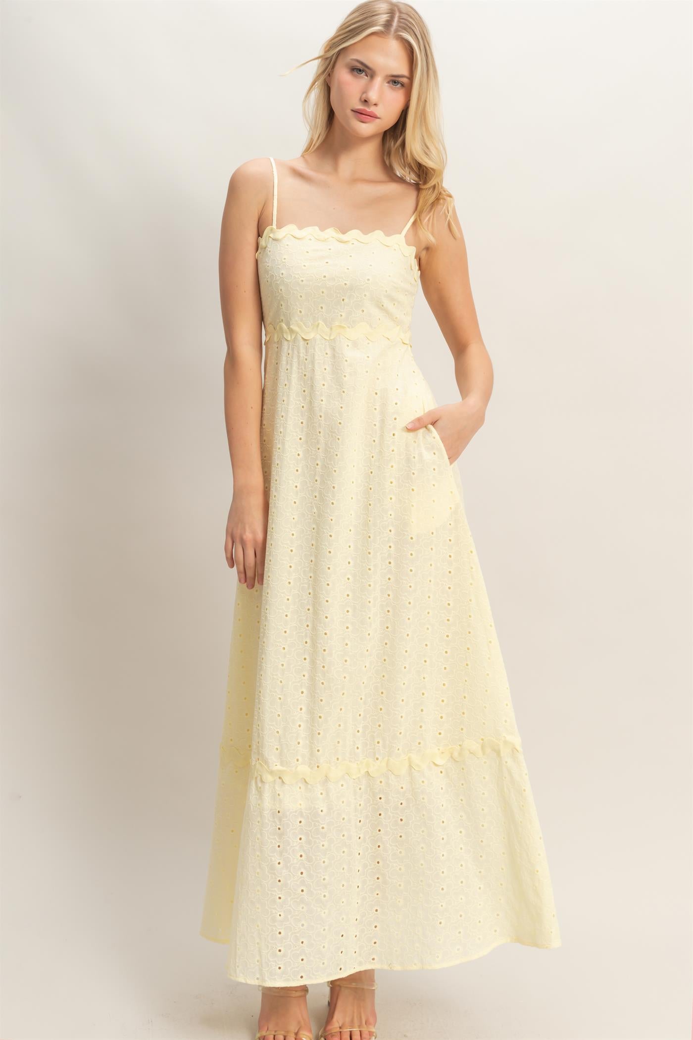 Wholesale Scallop Trim Eyelet Midi Dress Dresses HF26A694 BUTTER YELLOW HYFVE