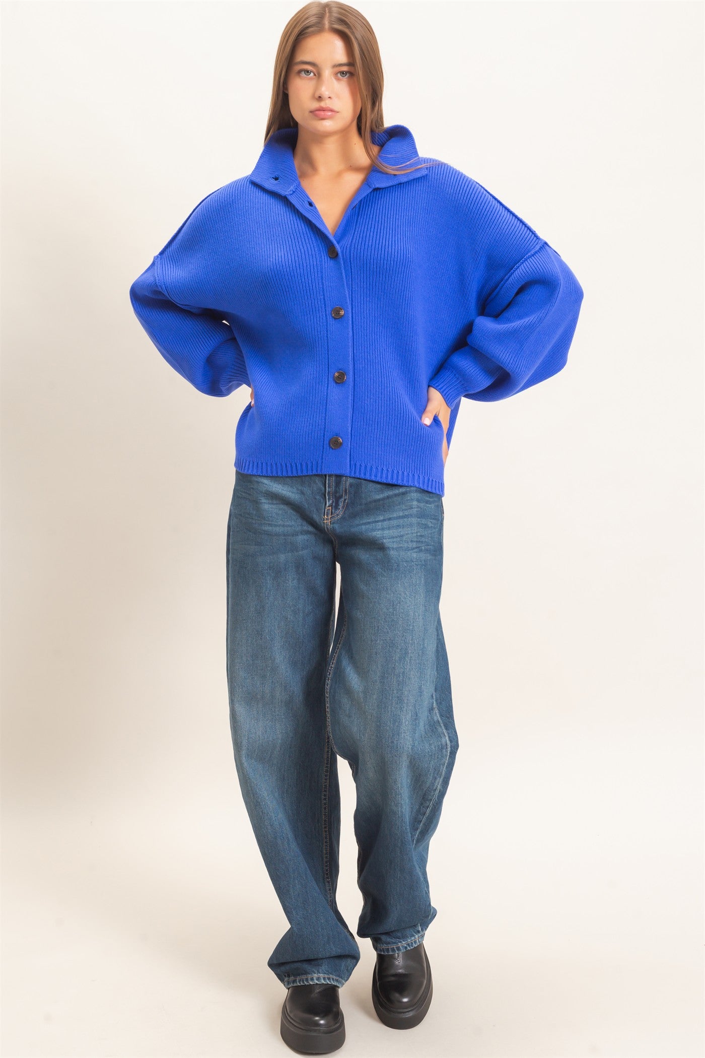Wholesale High Neck Oversized Cardigan Cardigans DZ26E280 COBALT DOUBLE ZERO