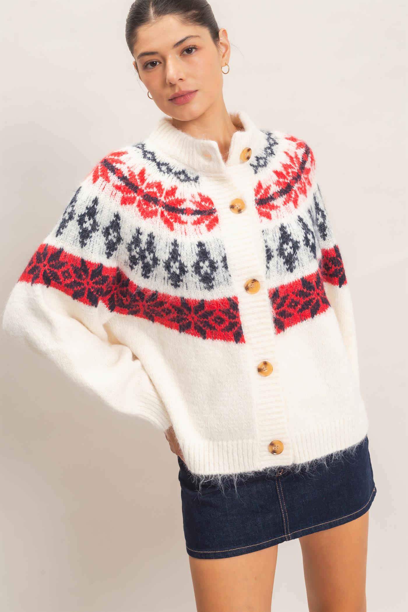 Wholesale Fair Isle Button-Front Cardigan Cardigans HF26E918 CREAM HYFVE