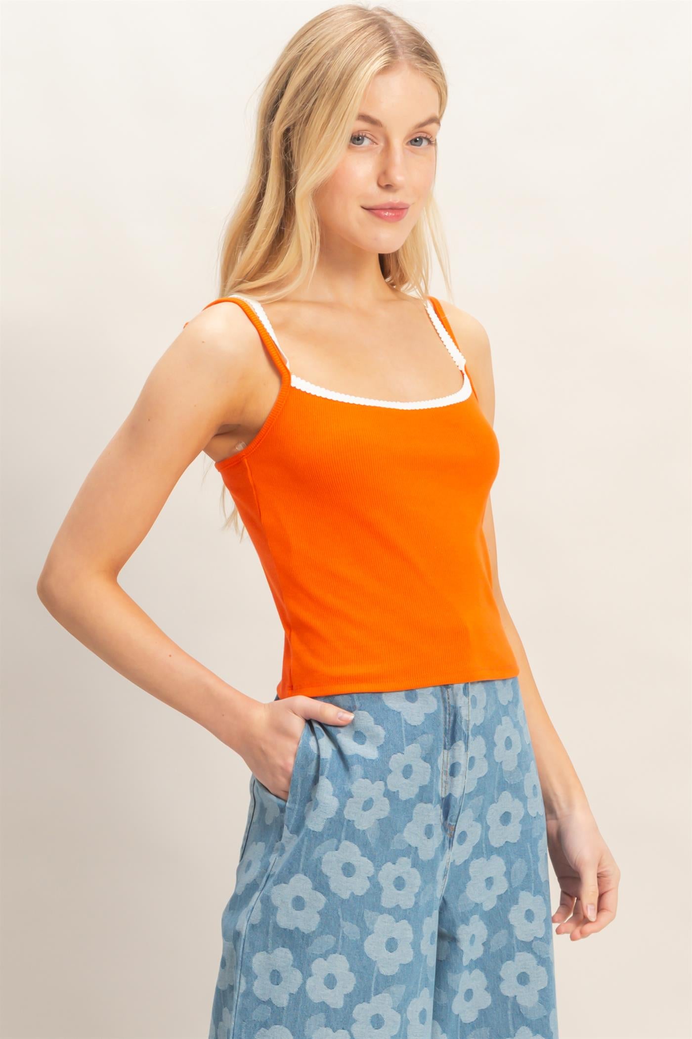 Wholesale Contrast Strap Square Neck Top Clothing Tops HF26A121 ORANGE HYFVE