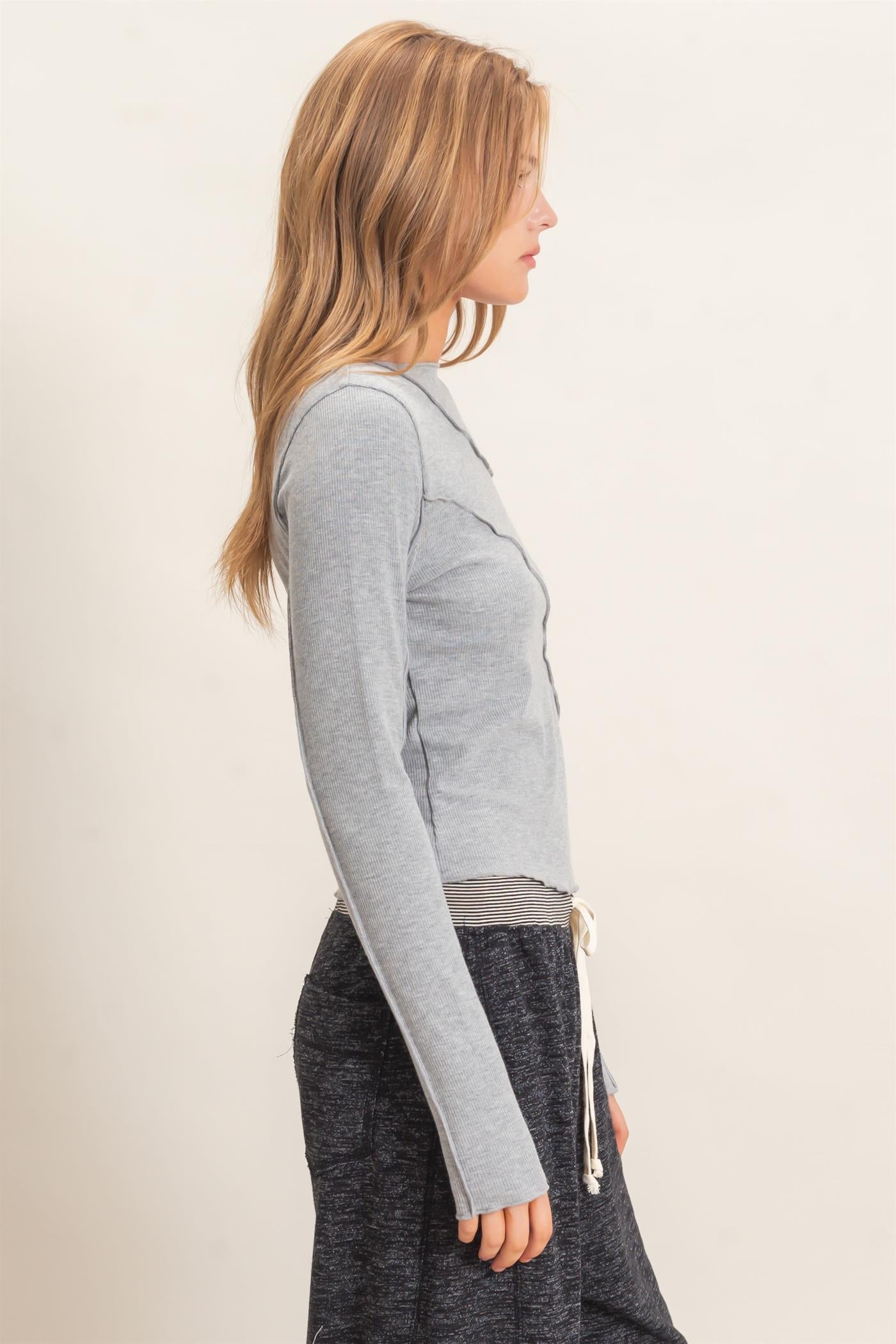 Wholesale Ruffled Ribbed Long Sleeve Top Clothing Tops HF26F085 HEATHER GRAY HYFVE
