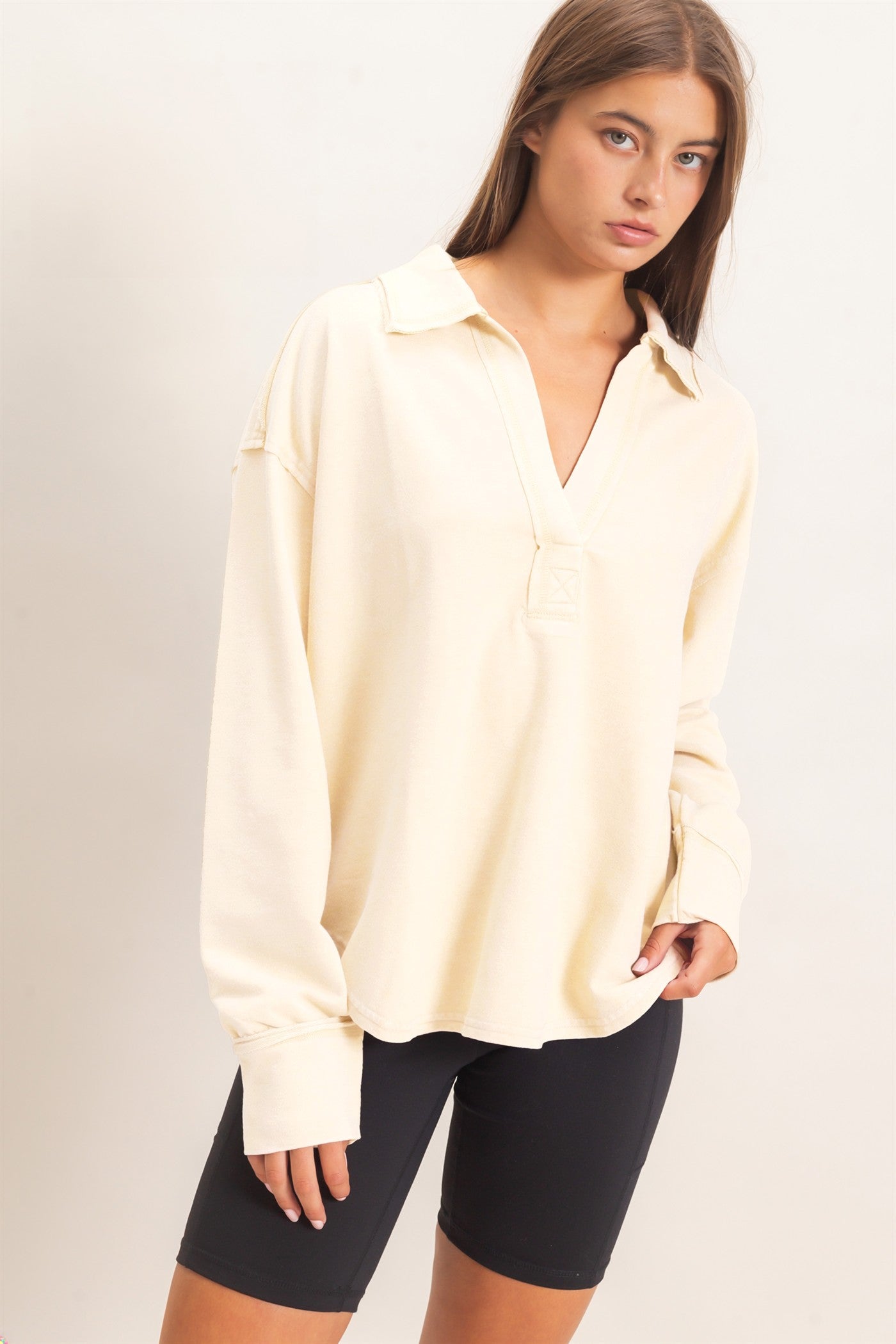 Wholesale Mineral Washed Polo Collar Long Sleeve Top Polos DZ26E887 ALPACA DOUBLE ZERO