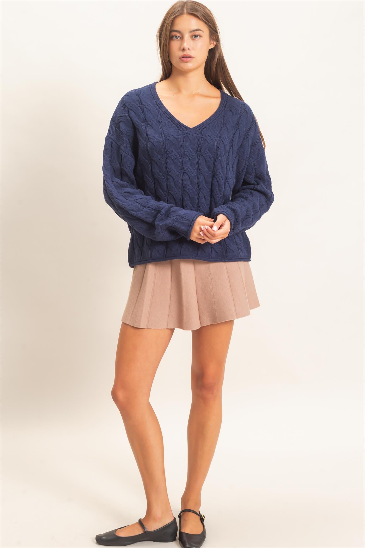 Wholesale Cable Knit V-Neck Sweater Sweaters DZ26E087 NAVY DOUBLE ZERO