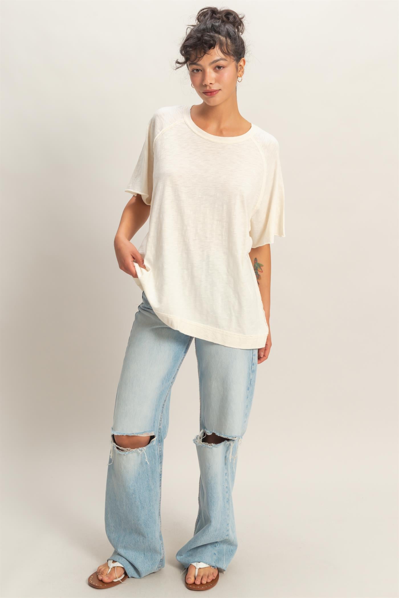 Wholesale Acid Washed Oversized Raw Edges Raglan Tee T-Shirts DZ26A333 WHIP CREAM DOUBLE ZERO