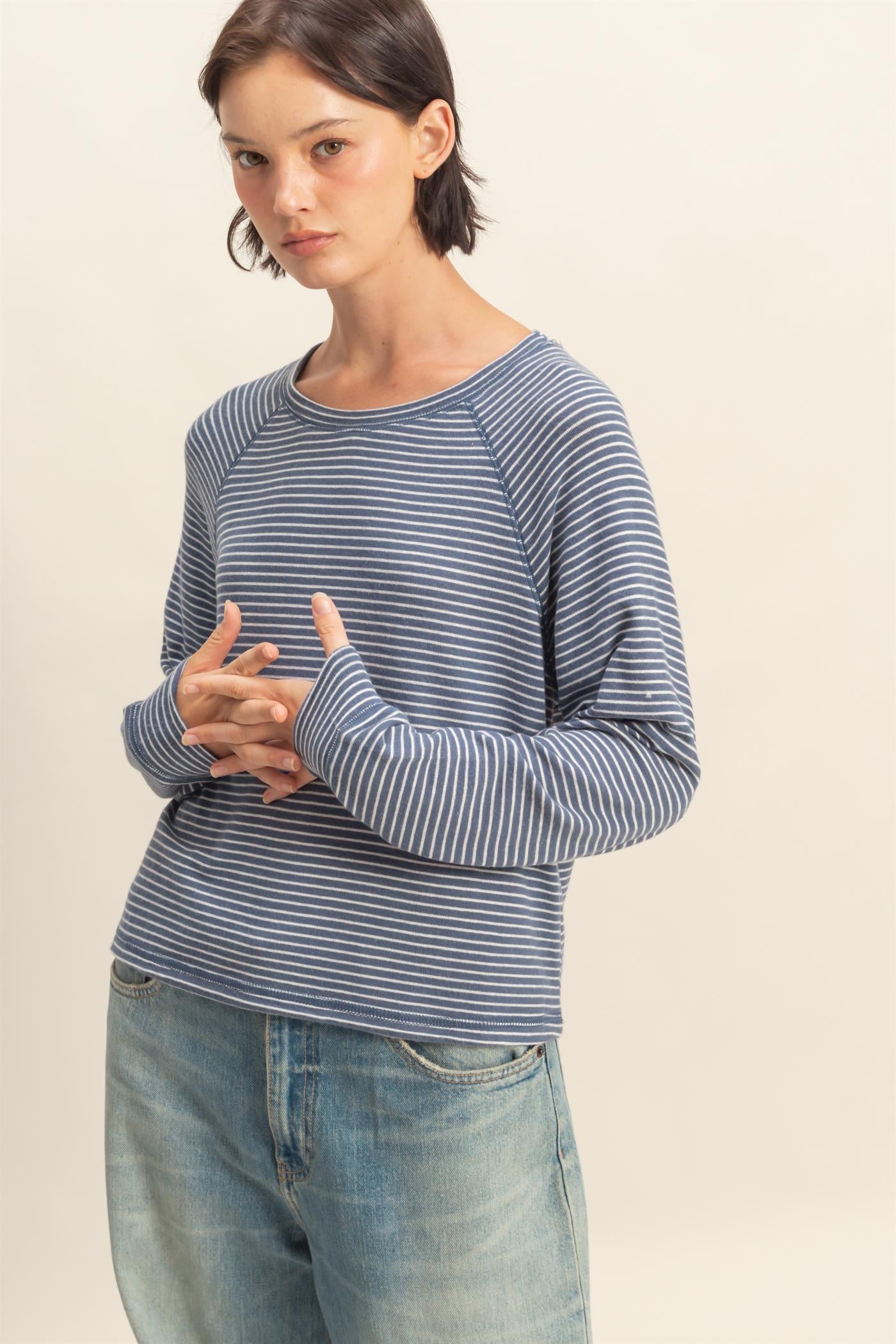 Wholesale Striped Raglan Long Sleeve Top Clothing Tops DZ25E600 DUSTY NAVY/CREAM DOUBLE ZERO