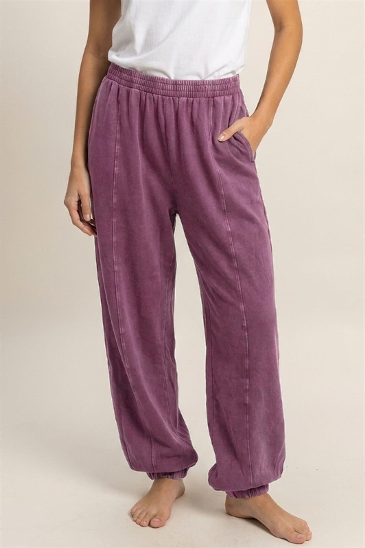 Wholesale Mineral Wash Elastic Waist Jogger Pants Joggers DZ26F405 DARK CHERRY DOUBLE ZERO