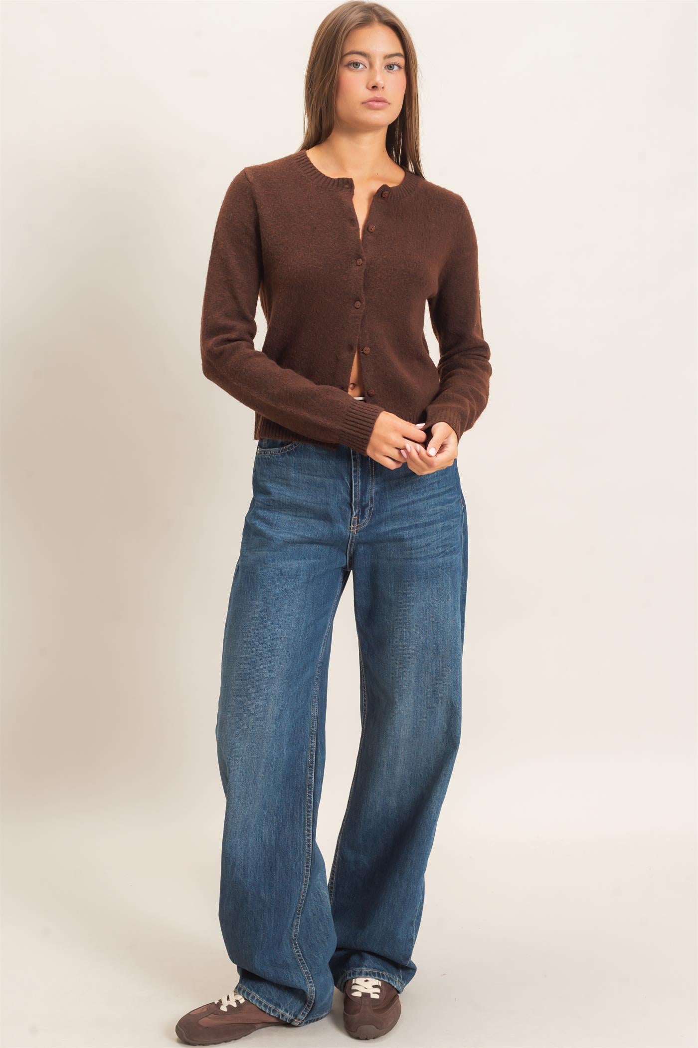 Wholesale Crew Neck Cardigan Cardigans DZ26E119 DARK BROWN DOUBLE ZERO