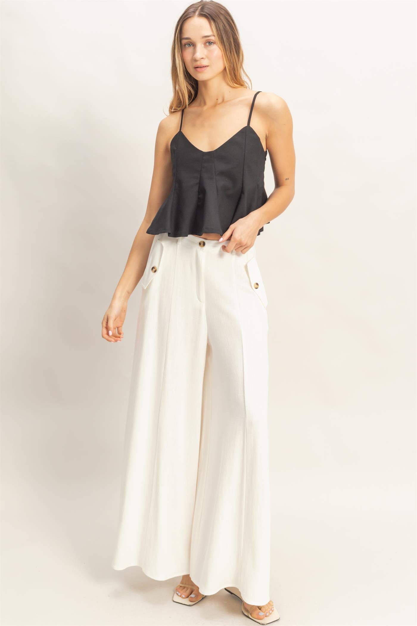 Wholesale Spaghetti Strap Peplum Top Blouses HF26A613 BLACK HYFVE