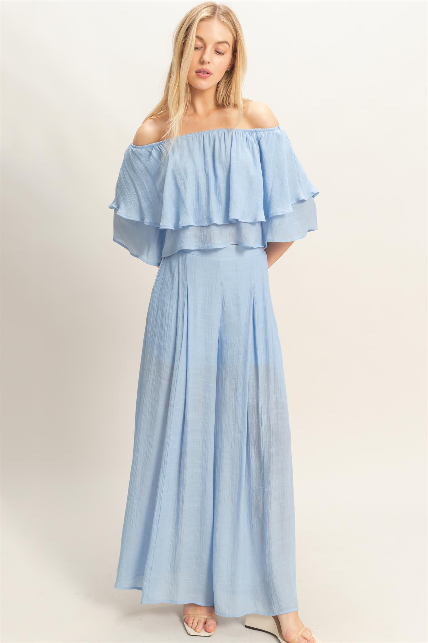 Wholesale Off Shoulder Top & Pleated Pant Set Clothing HF26C291-SET-D POWDER BLUE HYFVE