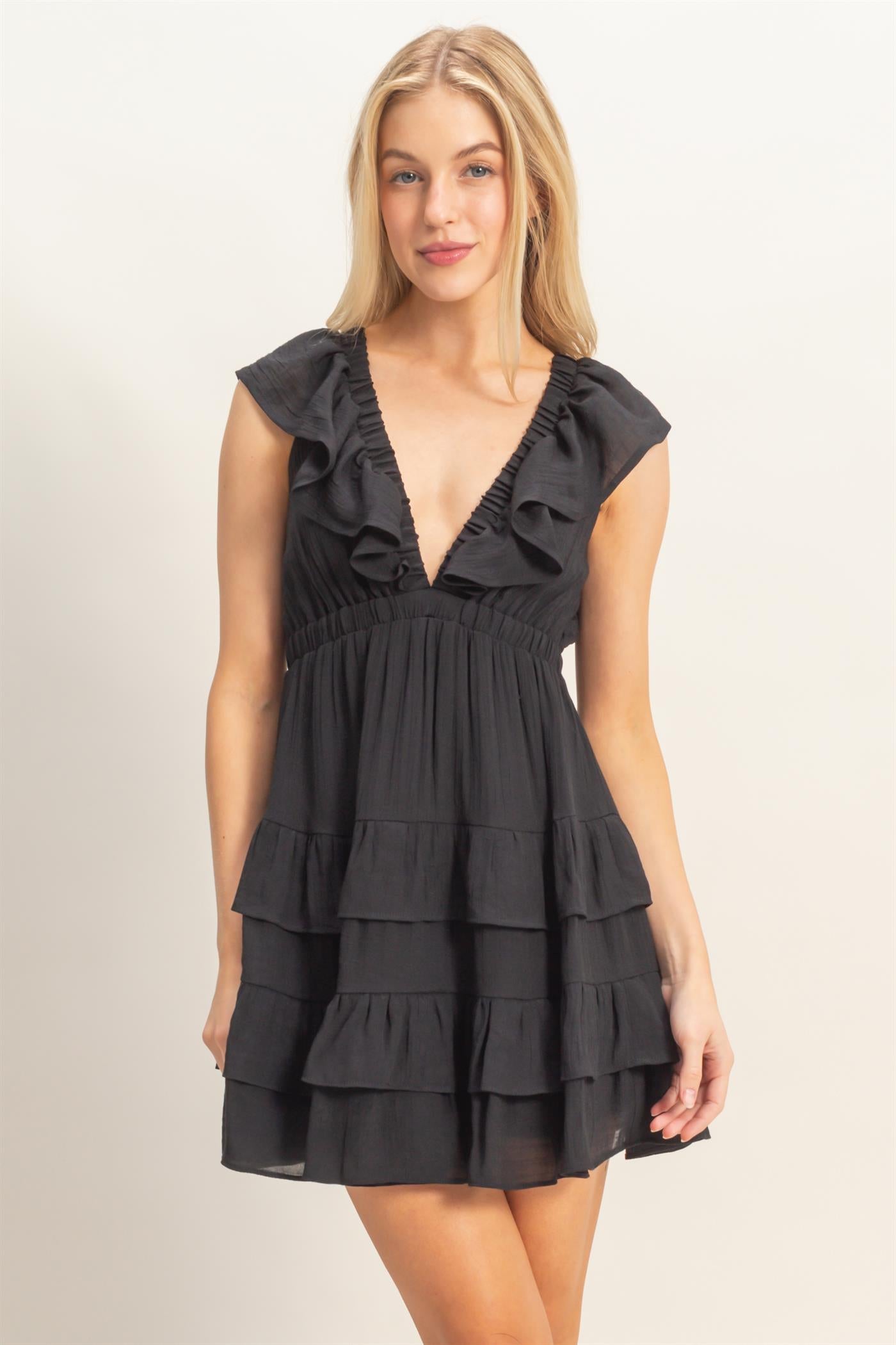 Wholesale Ruffle V-Neck Tiered Mini Dress Dresses HF26C283-D BLACK DOUBLE ZERO