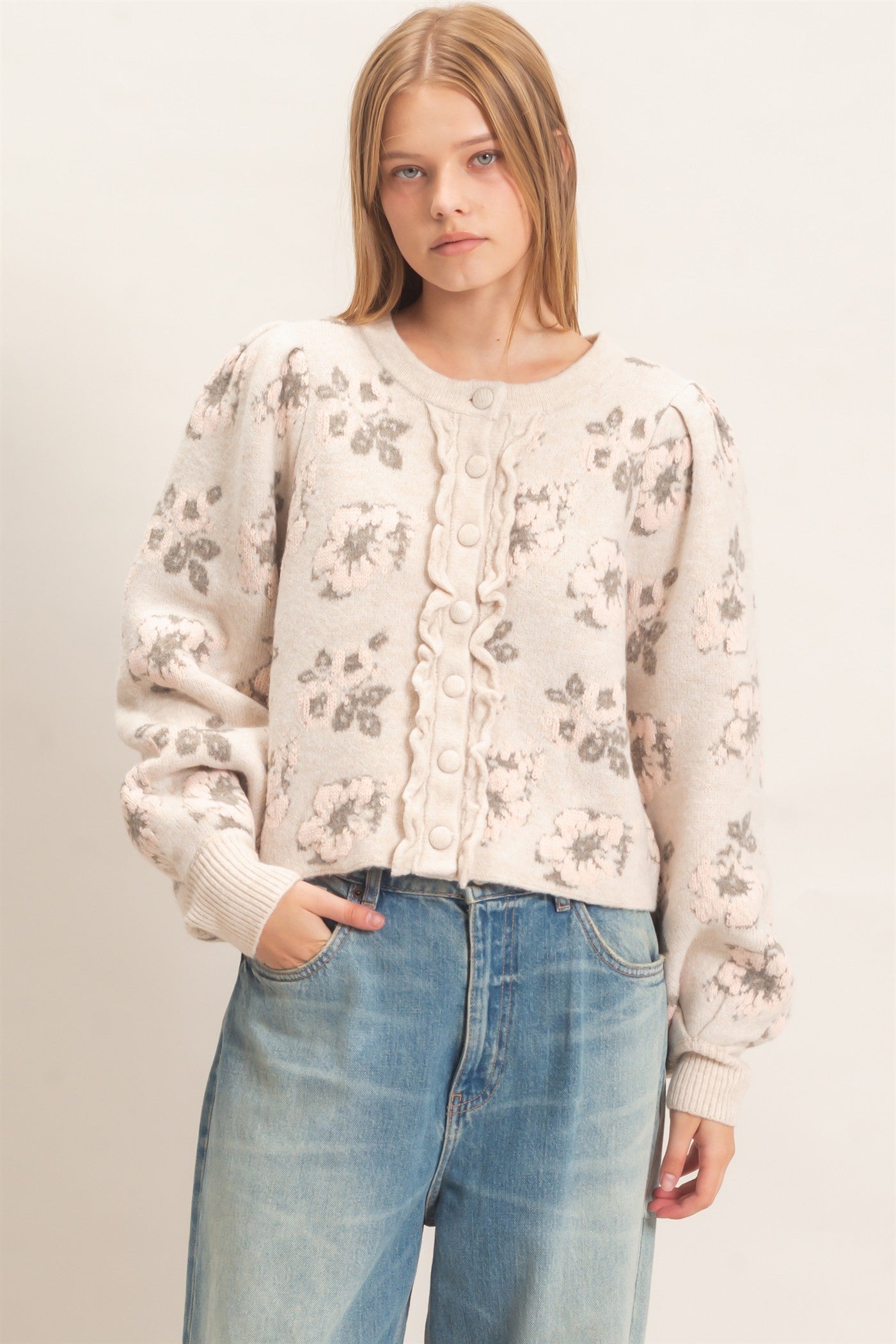Wholesale Floral Jacquard Ruffle Placket Cardigan Cardigans HF26F148 BEIGE HYFVE