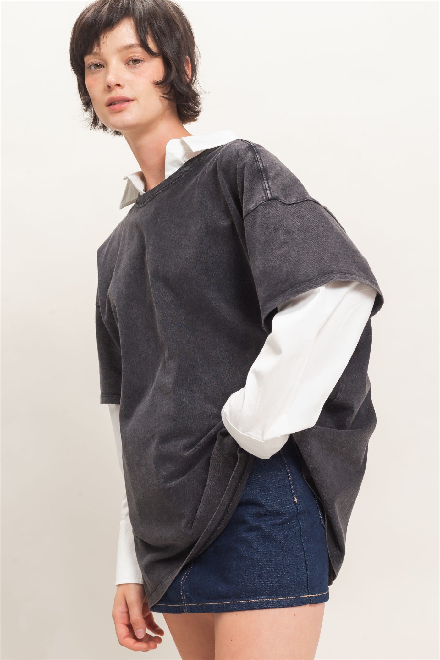 Wholesale Mineral Wash Oversized Crew Neck T-Shirts Clothing Tops DZ26C961 BLACK DOUBLE ZERO