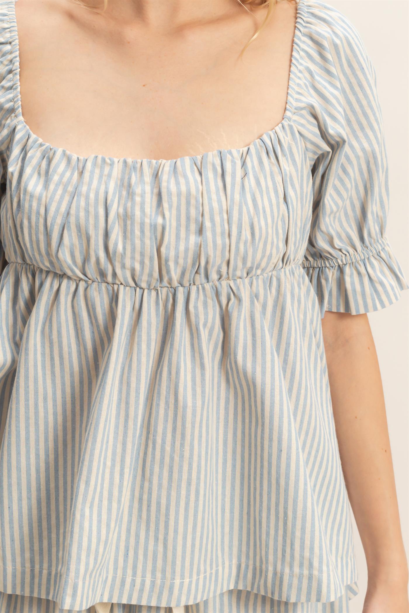 Wholesale Striped Square Neck Peplum Top Clothing Tops HF26E386 SKY BLUE HYFVE