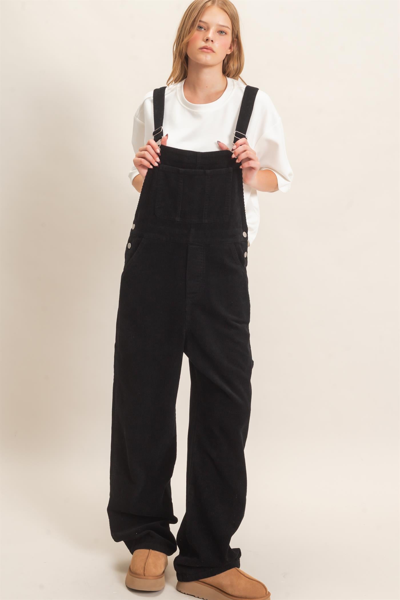 Wholesale Mineral Wash Corduroy Overalls Clothing HF26F210-D BLACK HYFVE