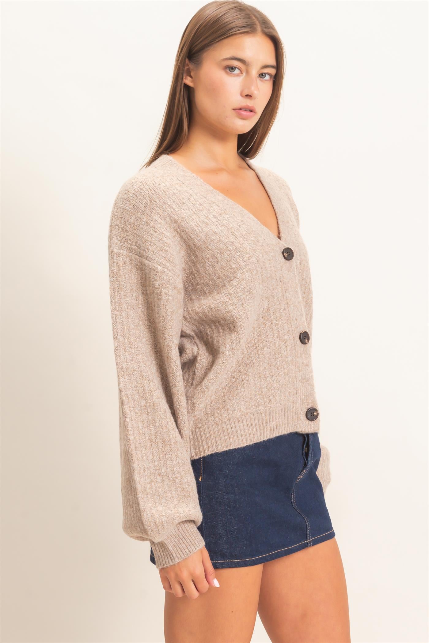Wholesale Textured V-Neck Cardigan Cardigans DZ26E080 DARK TAUPE DOUBLE ZERO
