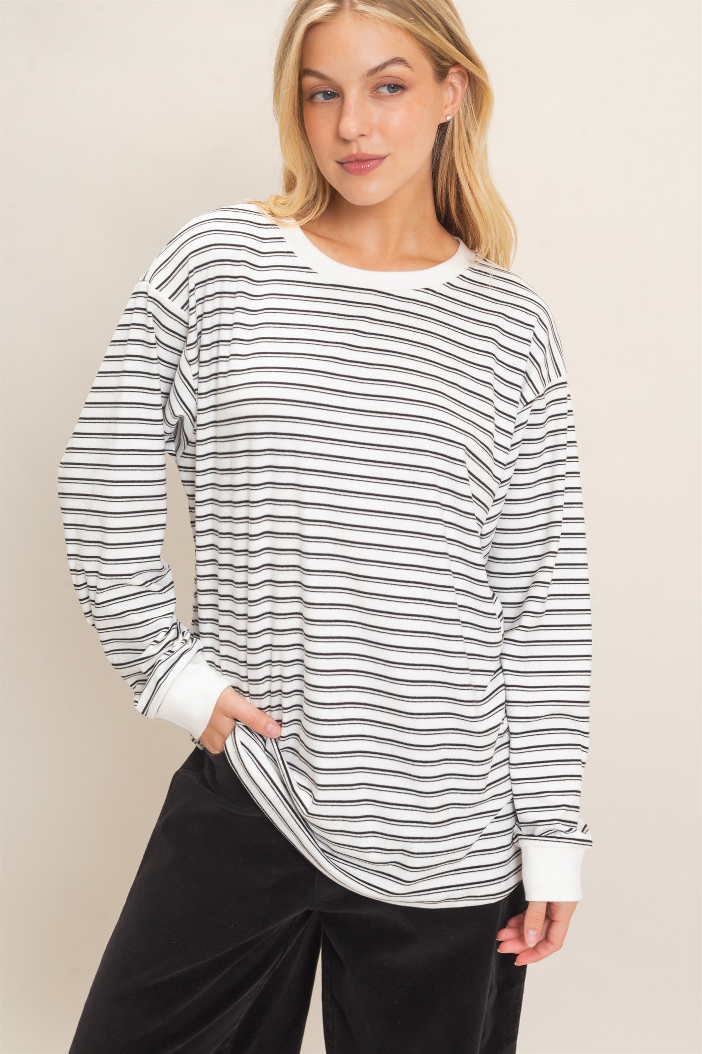 Wholesale Striped Long Sleeve Crew Neck Top Clothing Tops HF26C676 WHITE HYFVE