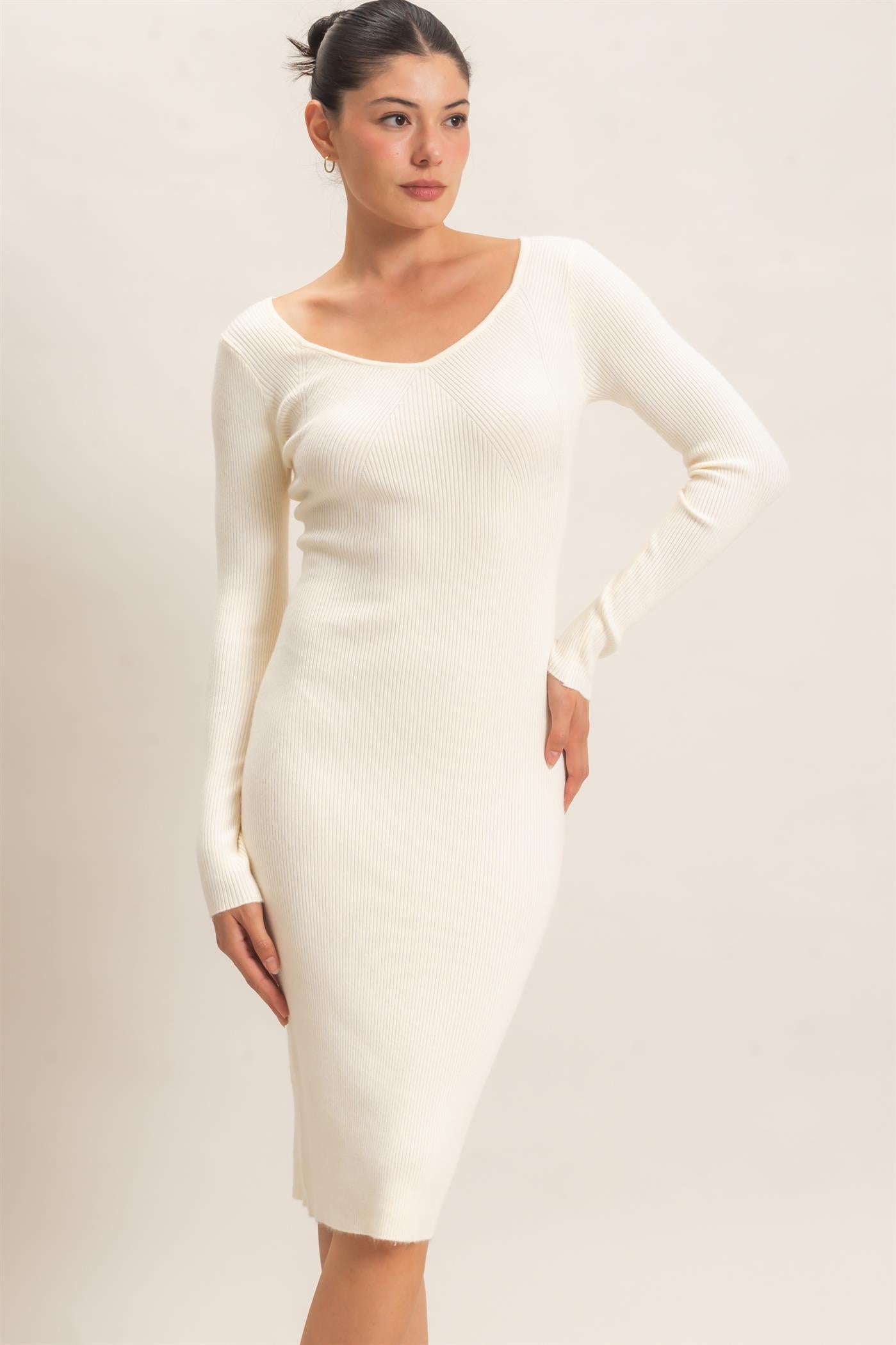 Wholesale Ribbed V-Neck Long Sleeve Dress Dresses HF26E217 WARM CREAM HYFVE