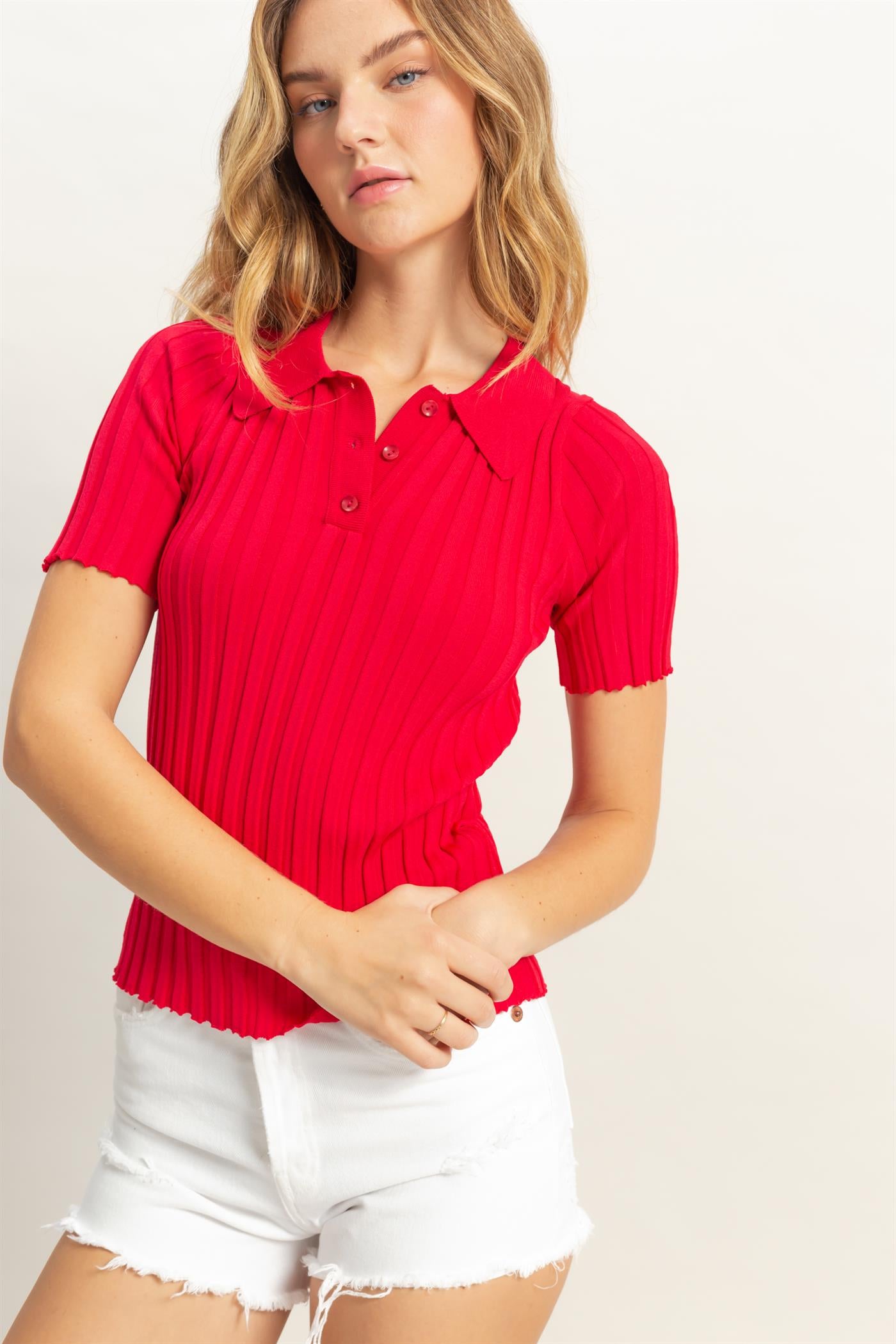 Wholesale Rib Knitted Short Sleeve Polo Top Clothing Tops DZ25C246 RED DOUBLE ZERO