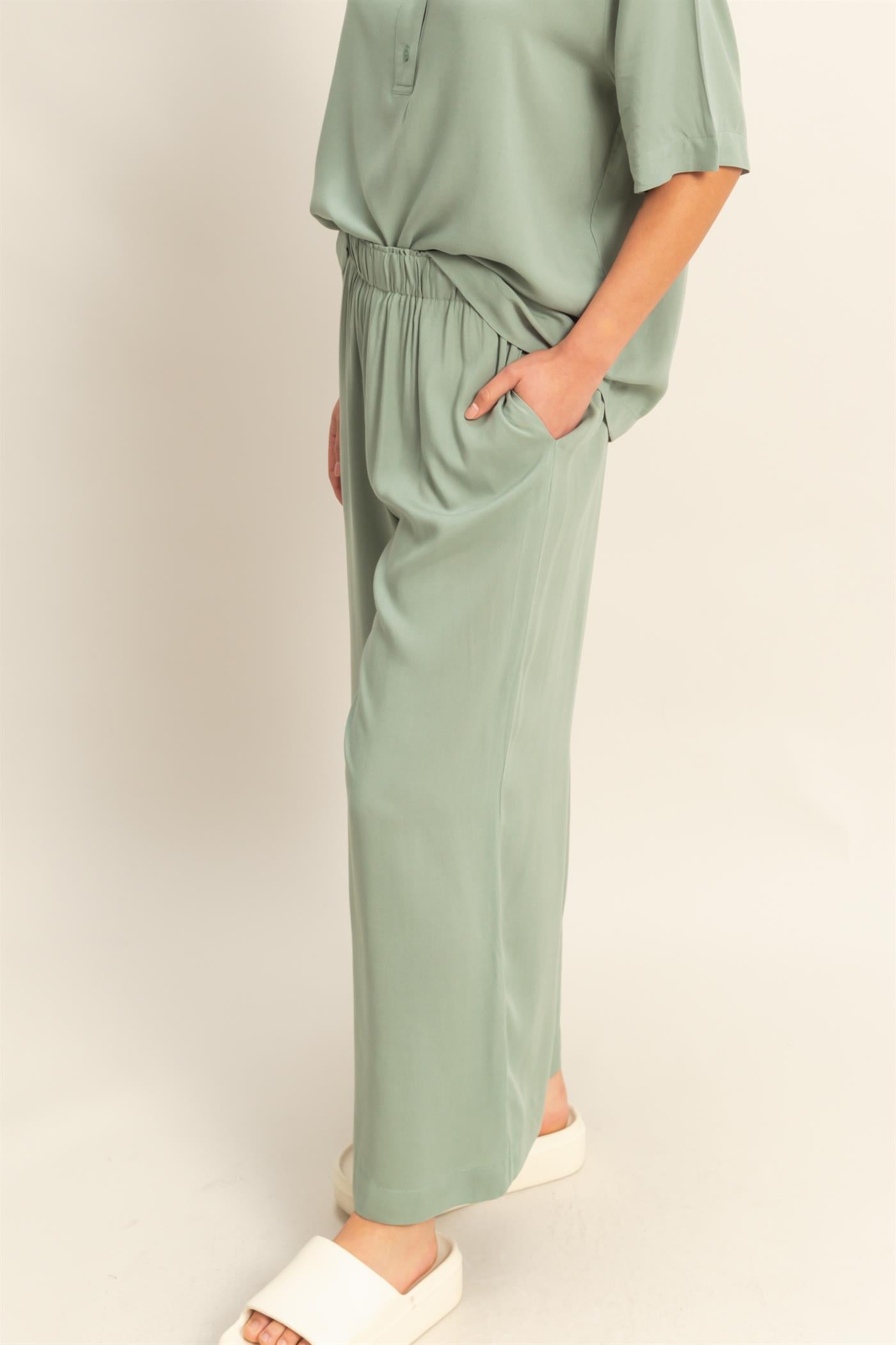 Wholesale High Waist Woven Wide Leg Pants Pants DZ25C192 SAGE GREEN DOUBLE ZERO