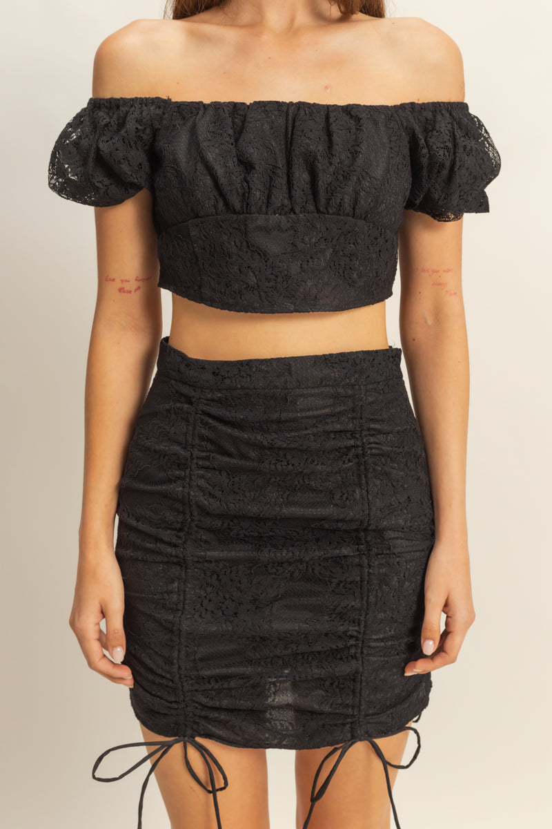 Wholesale Lace Off Shoulder Matching Skirt Set Clothing HF22F439-SET BLACK HYFVE
