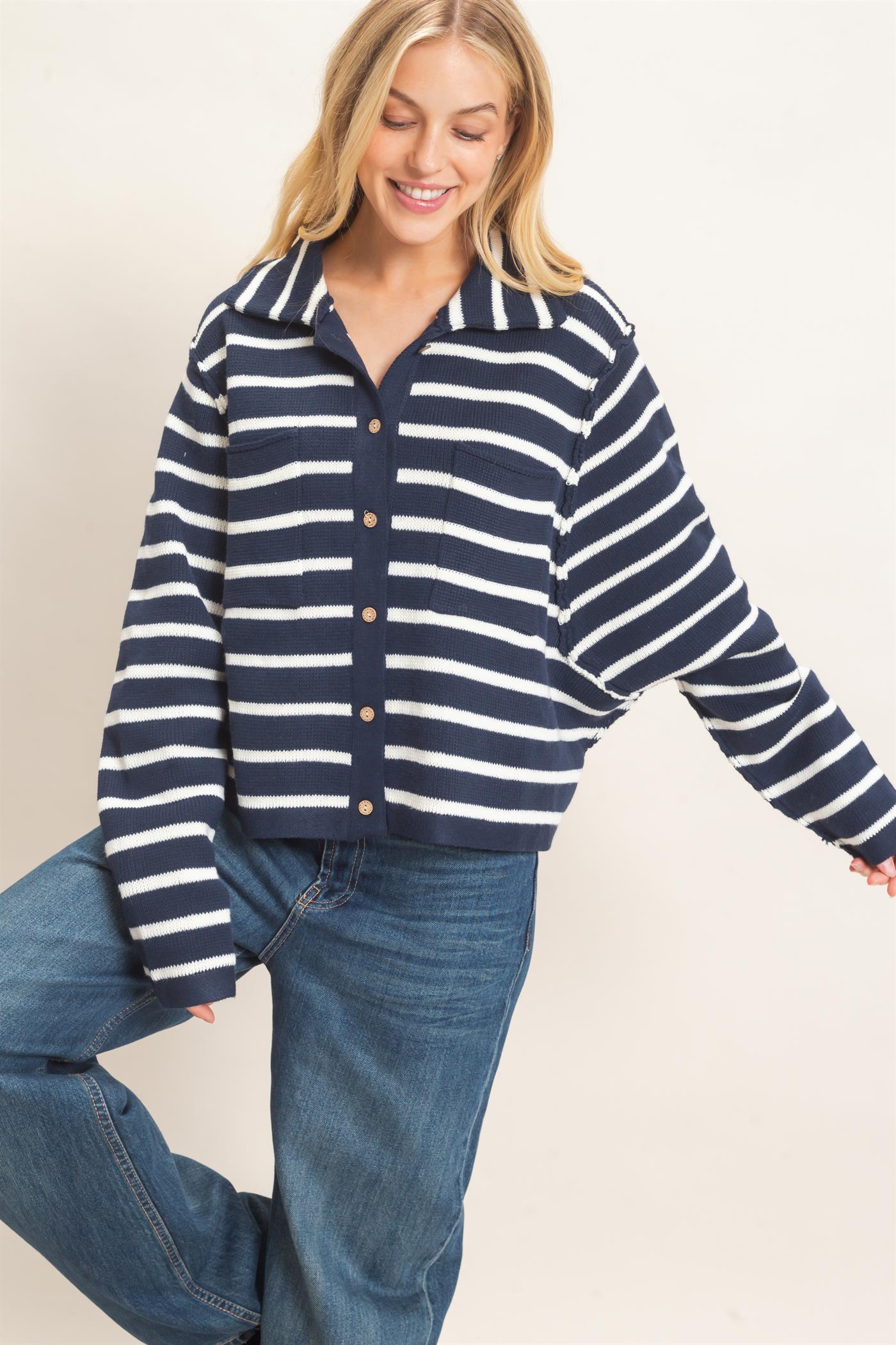 Wholesale Striped Button Front Cardigan Sweaters HF26F197 NAVY HYFVE