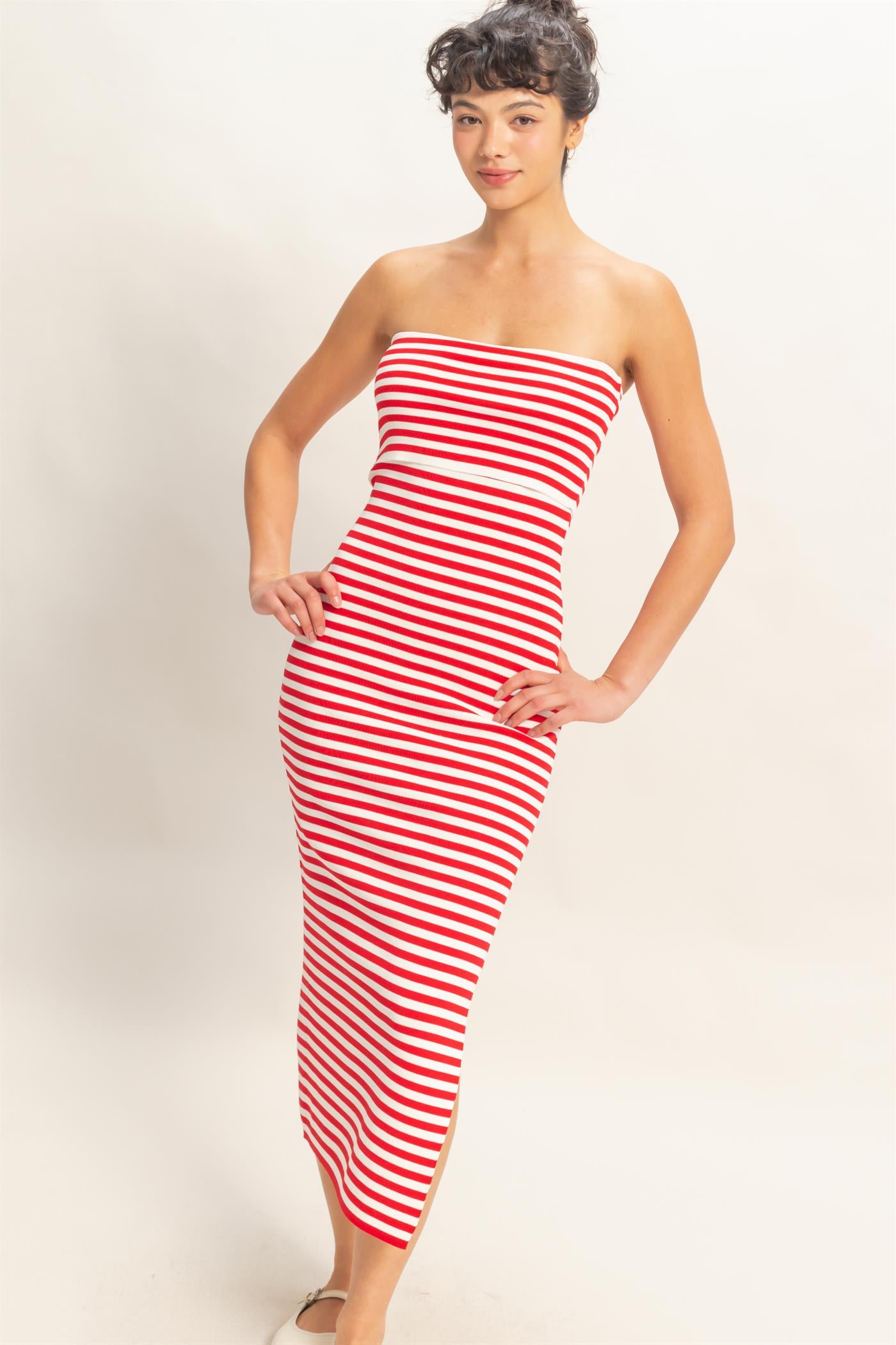 Wholesale Strapless Striped Bodycon Midi Dress Dresses DZ26C336 RED DOUBLE ZERO