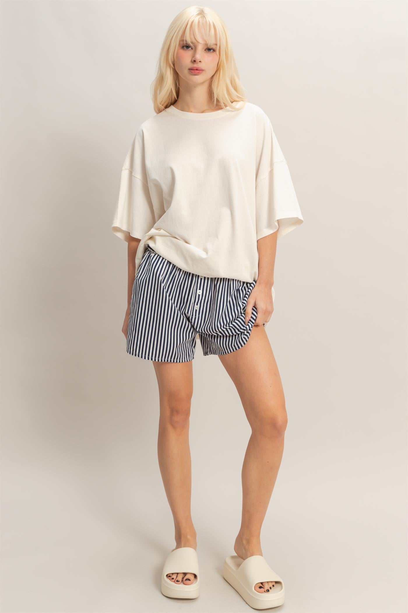 Wholesale Striped Elastic Waist Boxer Shorts Shorts DZ26C039 NAVY DOUBLE ZERO