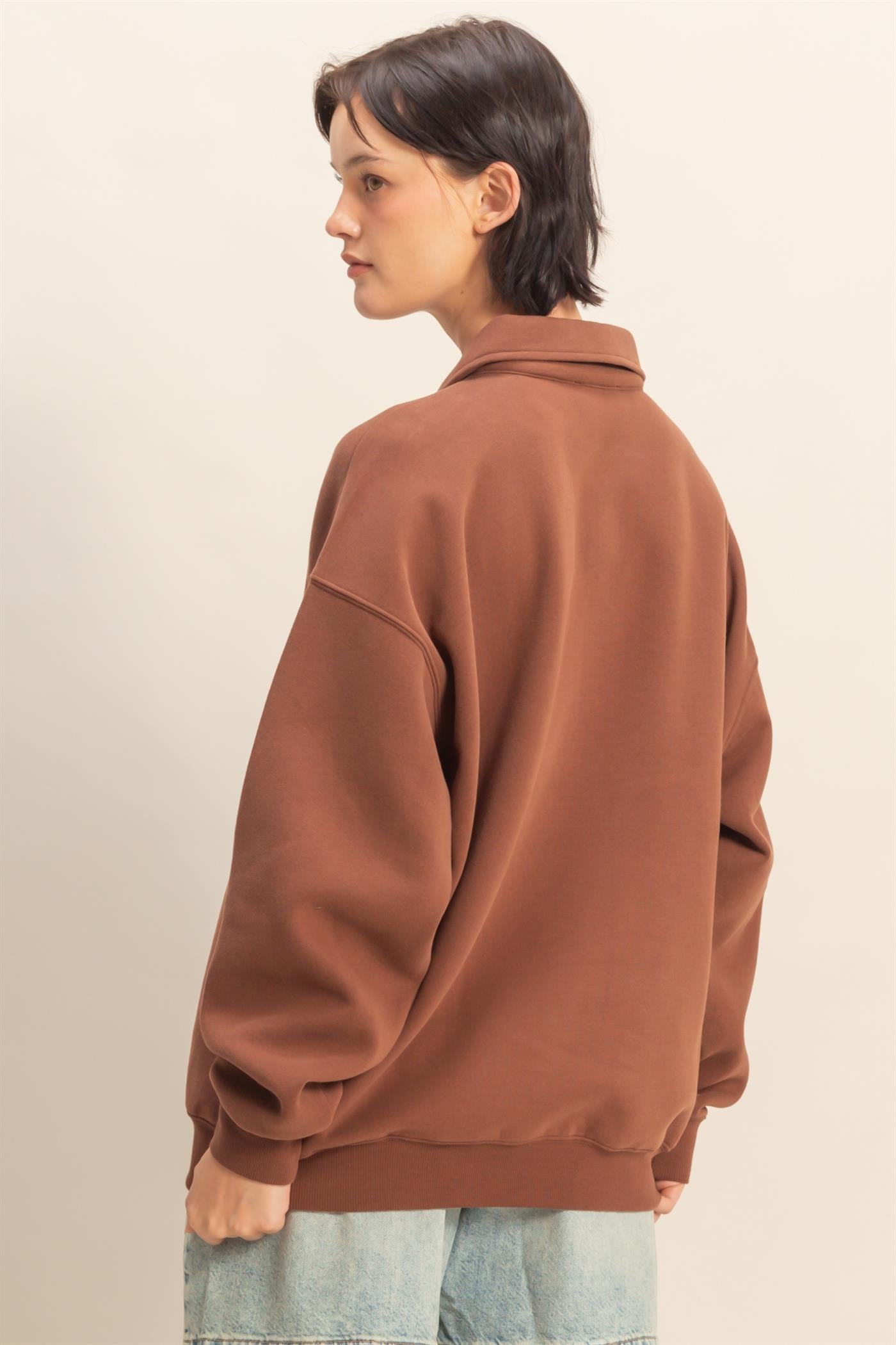 Wholesale Oversized Polo Collared Pullover Sweatshirts DZ25F074 CHESTNUT DOUBLE ZERO