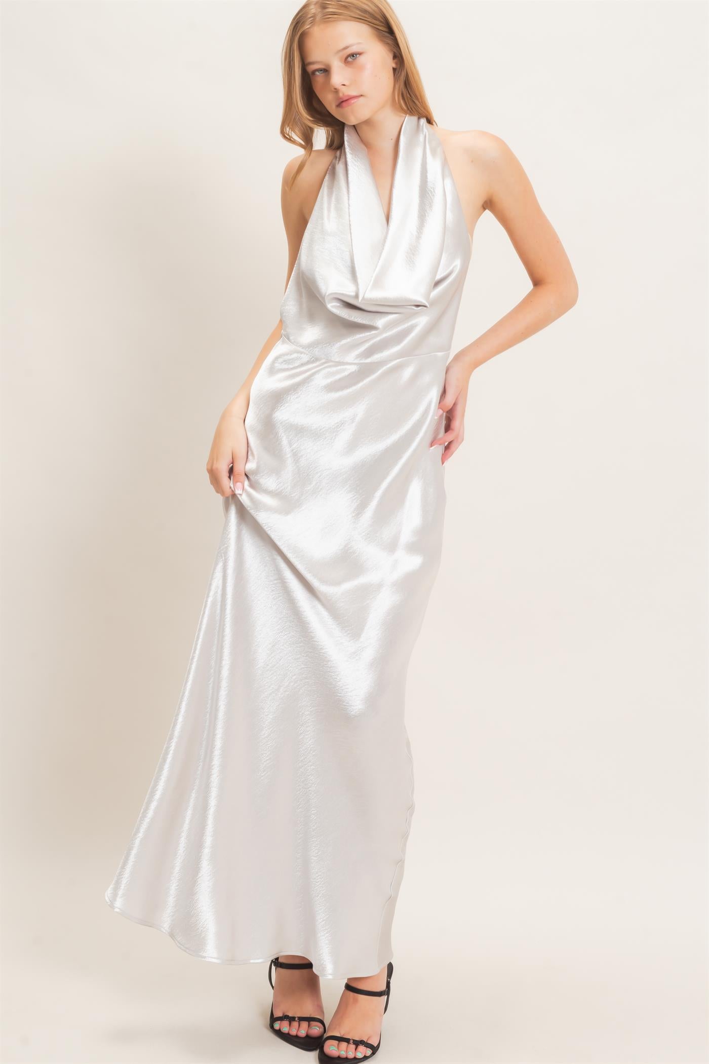 Wholesale Satin Cowl Neck Maxi Dress Dresses HF26F216-D SILVER HYFVE