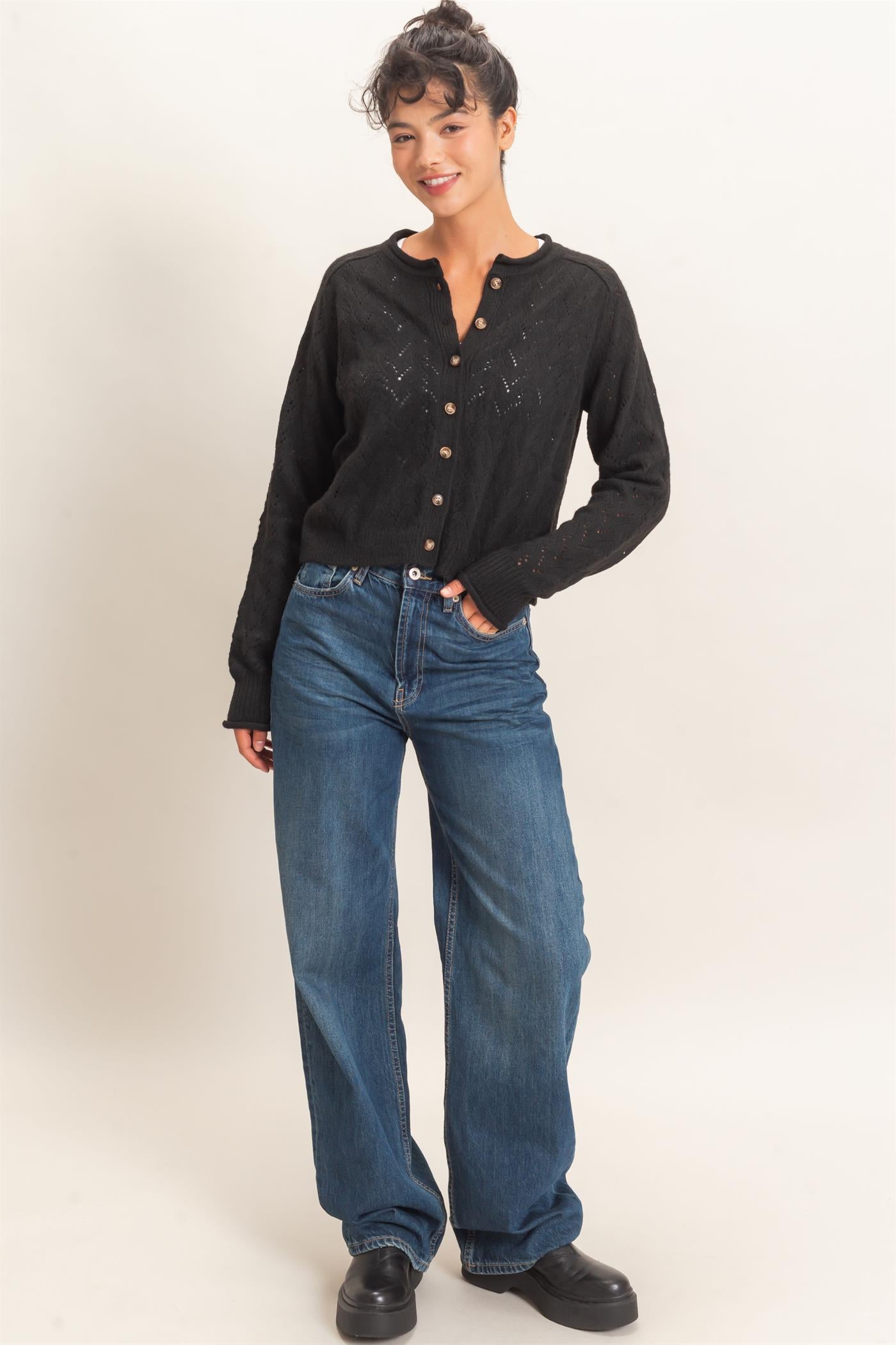 Wholesale Pointelle Knit Button Front Cardigan Cardigans DZ26C978 BLACK DOUBLE ZERO