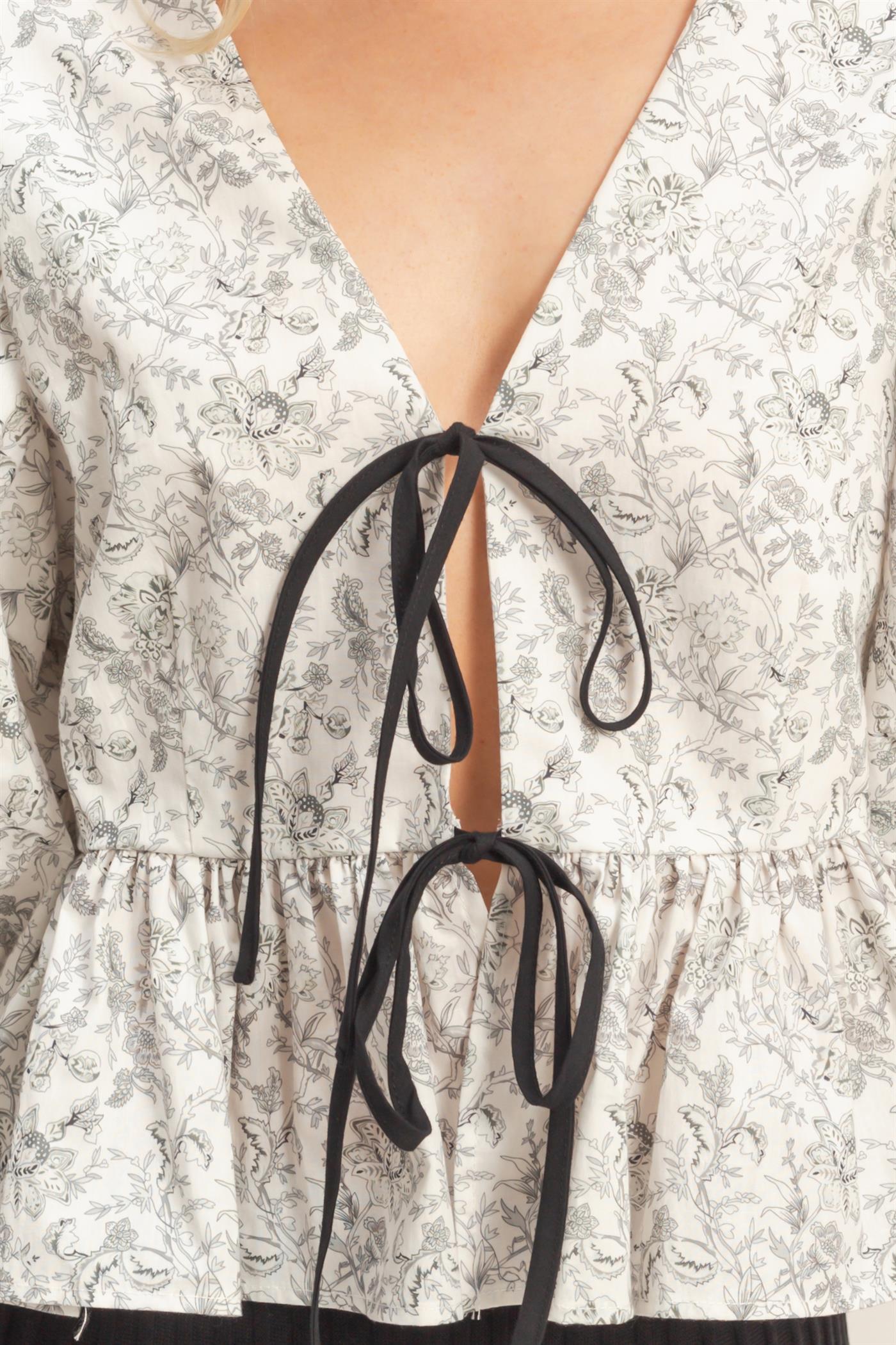 Wholesale Floral Tie-Front Peplum Top Clothing Tops HF26A353 BLACK HYFVE