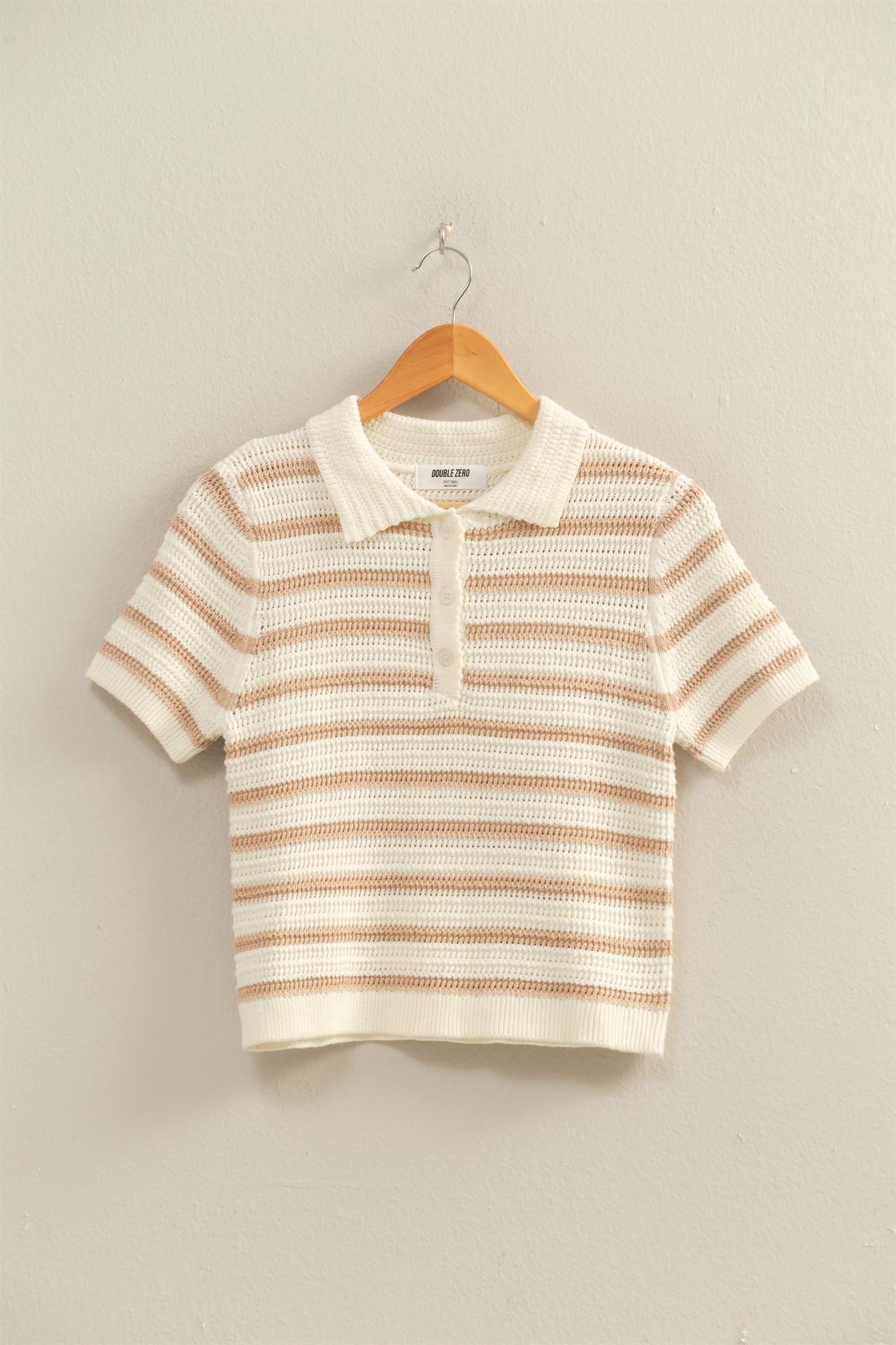 Wholesale Short Sleeve Striped Knit Polo Clothing Tops DZ26A603 TAUPE DOUBLE ZERO
