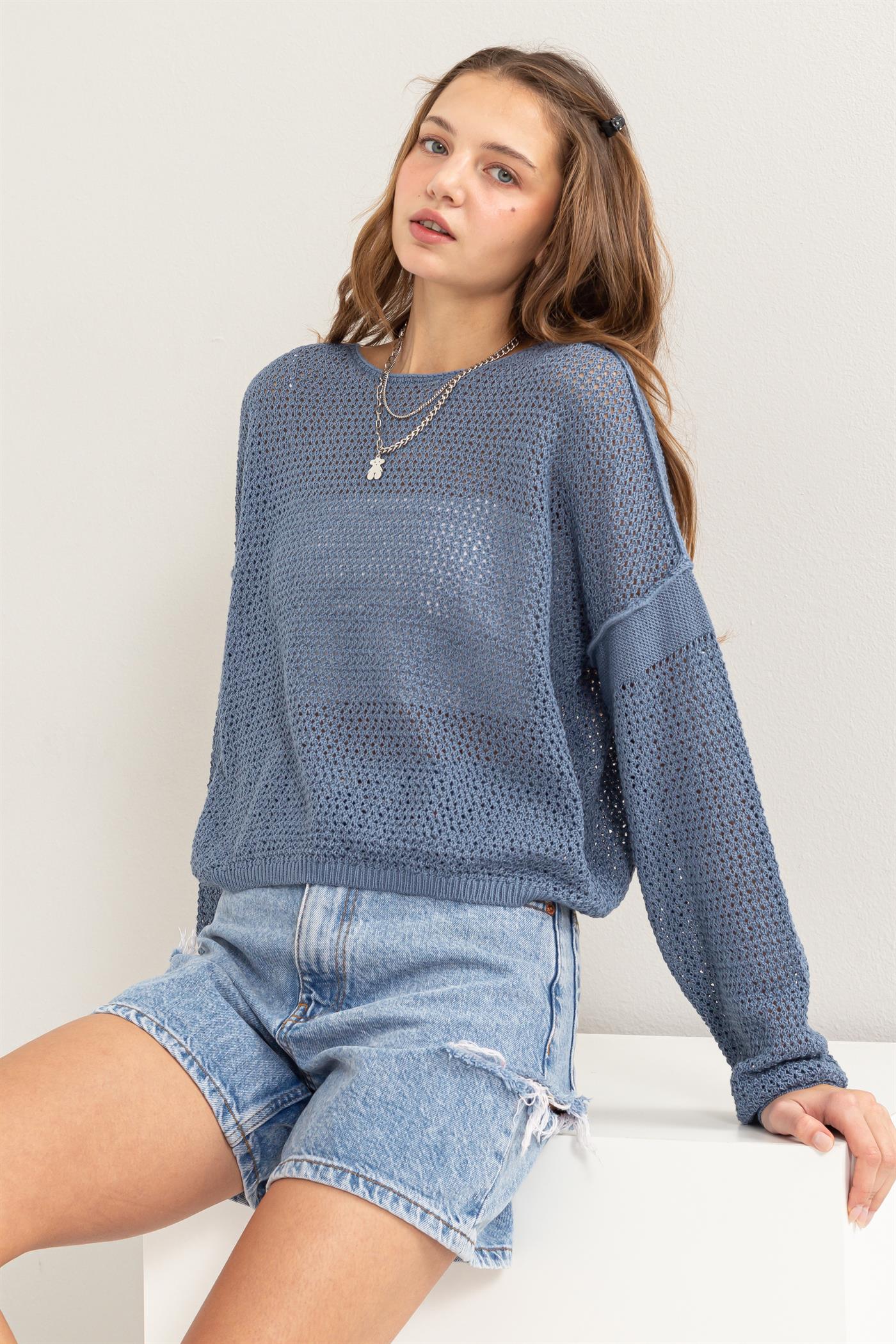 Wholesale Open Knit Drop Shoulder Sweater Clothing Tops DZ24C033 GRAY BLUE DOUBLE ZERO