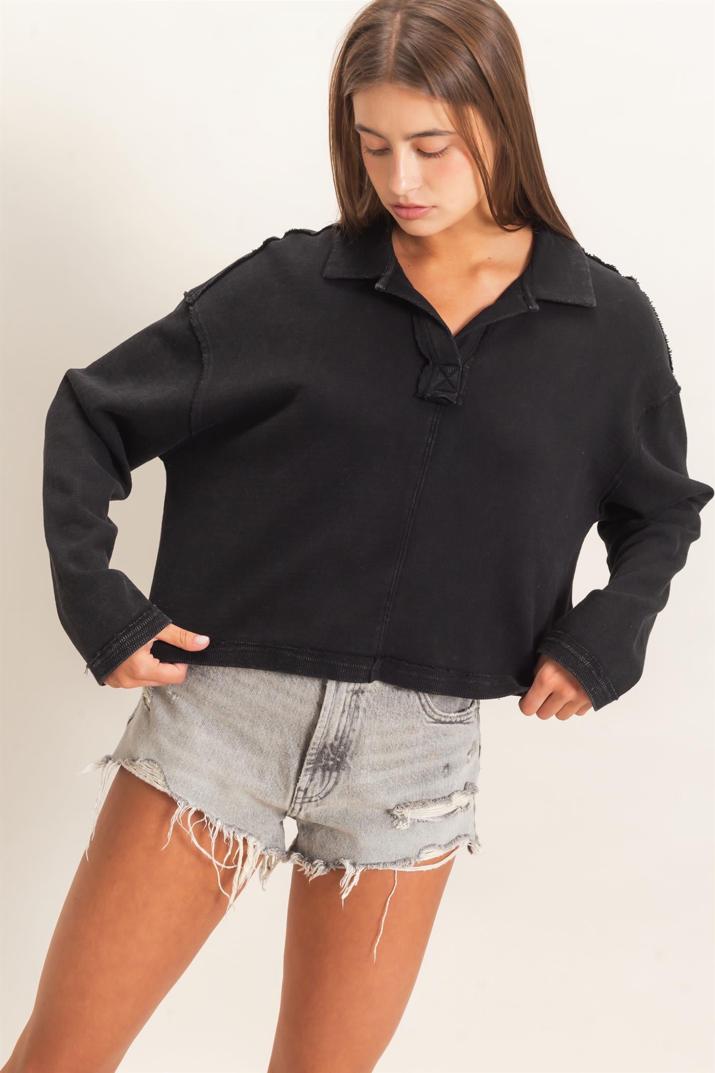 Wholesale Mineral Wash Textured Collar Top Polos DZ26E814 BLACK DOUBLE ZERO