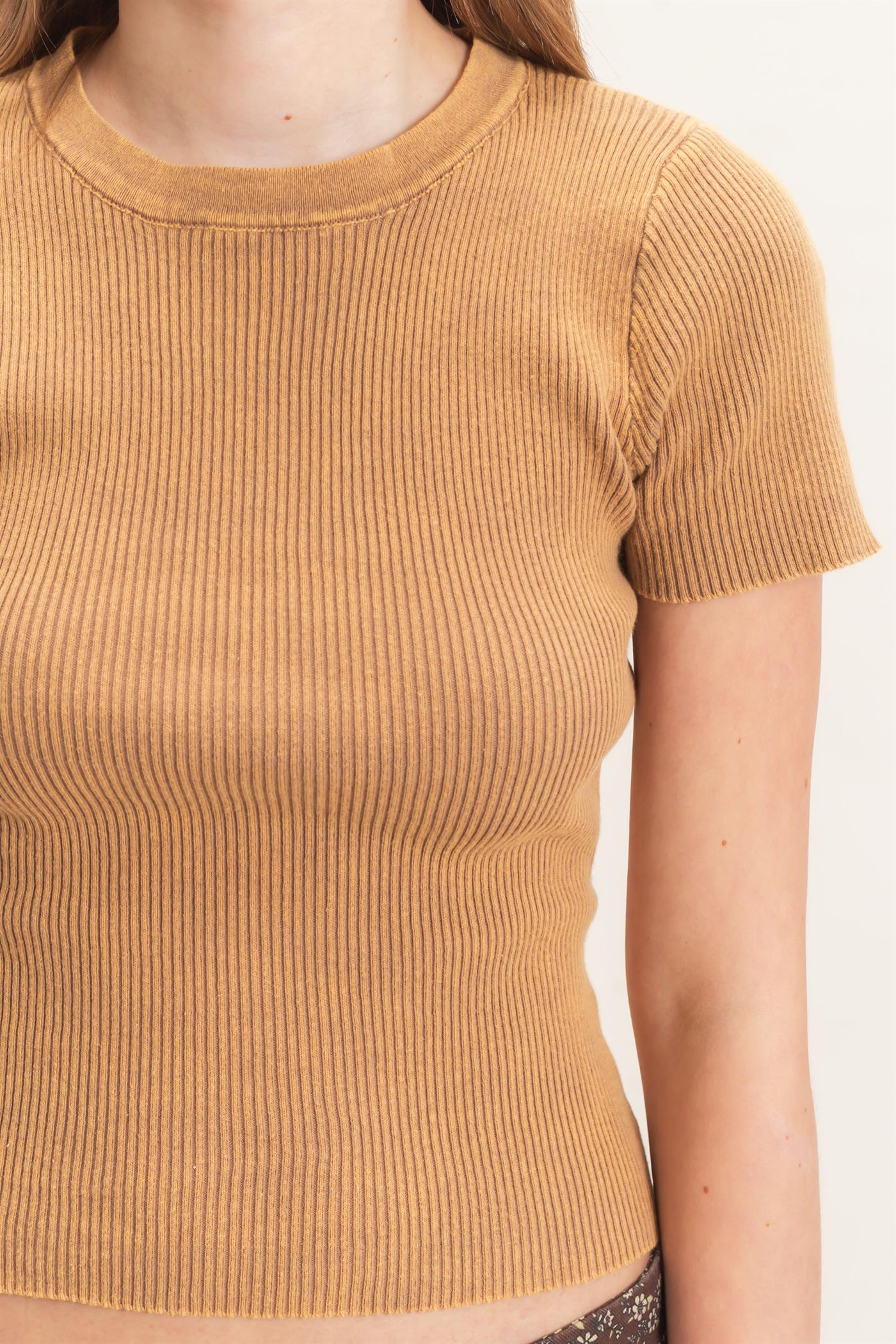 Wholesale Ribbed Crew Neck Top Clothing Tops HF26E473 WARM TAUPE HYFVE