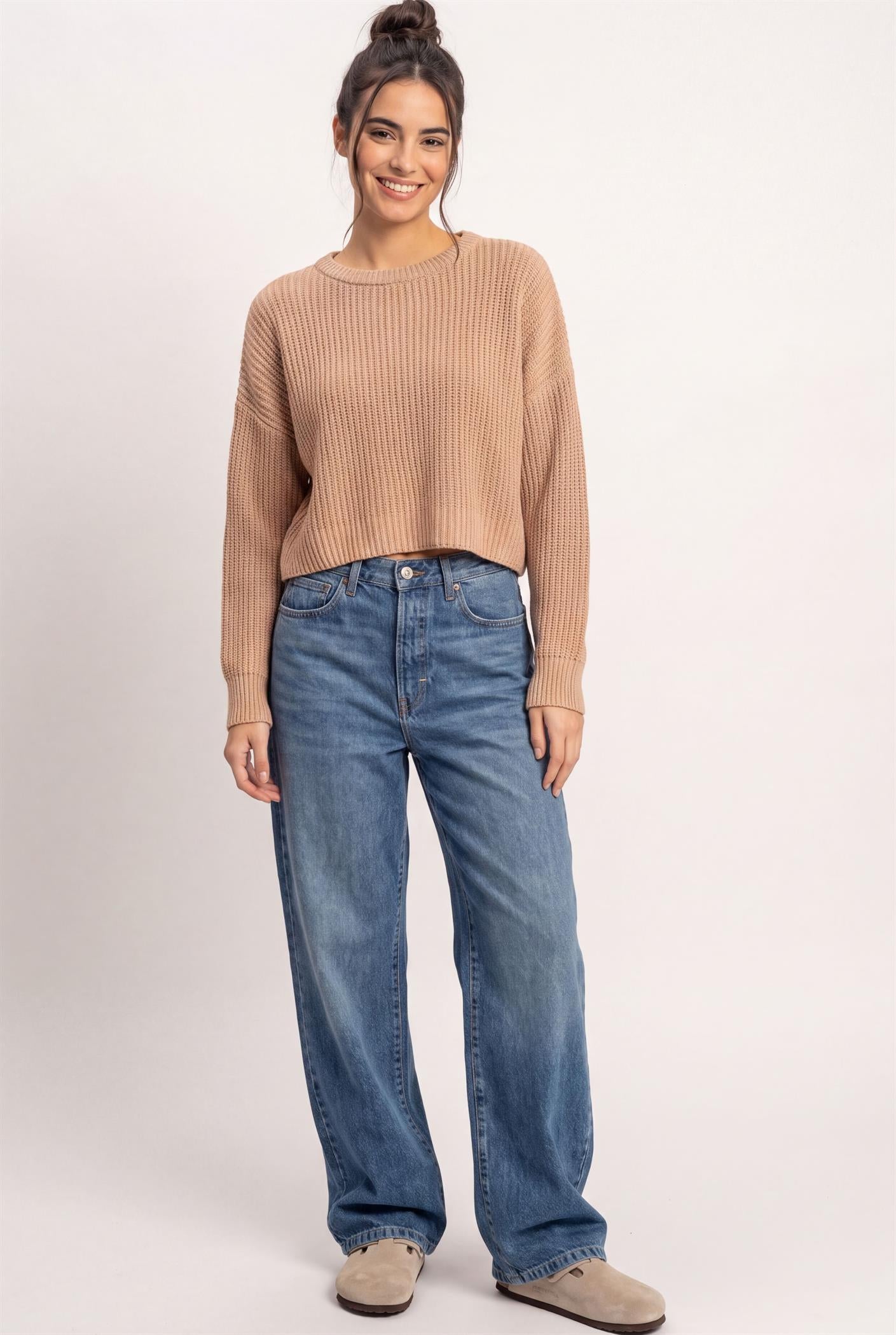 Wholesale Oversized Cropped Sweater Sweaters DZ26E252 DARK TAUPE DOUBLE ZERO