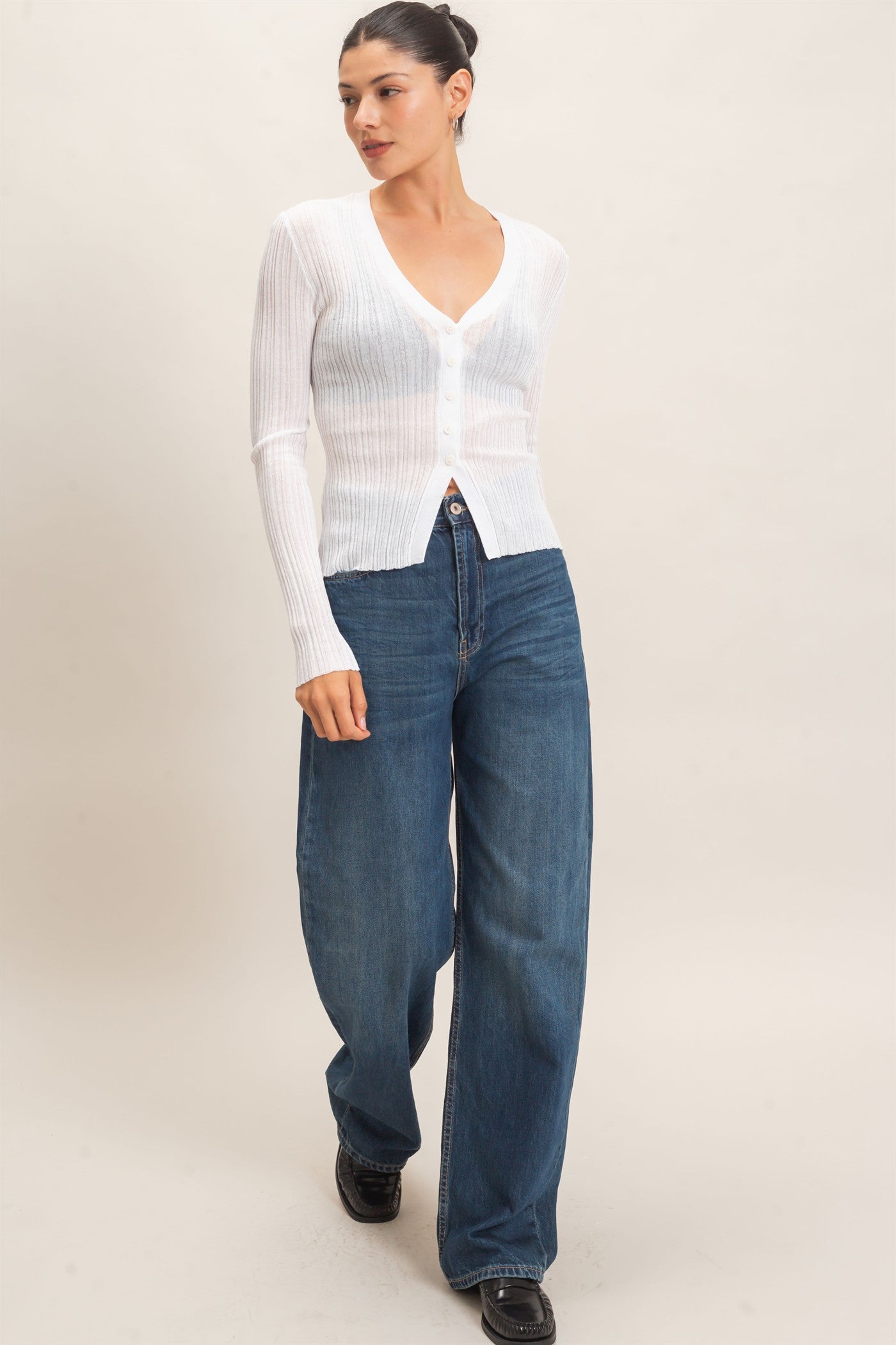 Wholesale Ribbed V-Neck Cardigan Cardigans HF26E154 WARM WHITE HYFVE