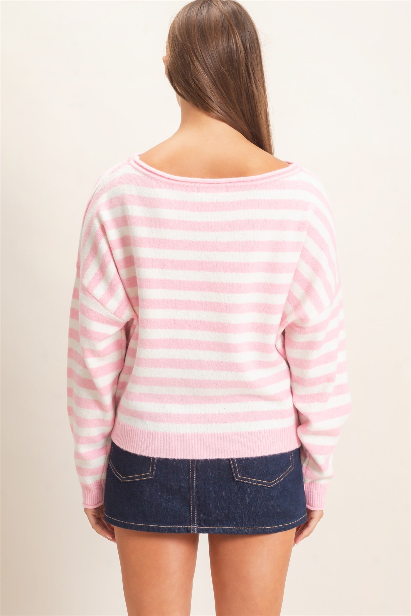 Wholesale Off The Shoulder Striped Sweater Sweaters DZ26E653 PINK DOUBLE ZERO