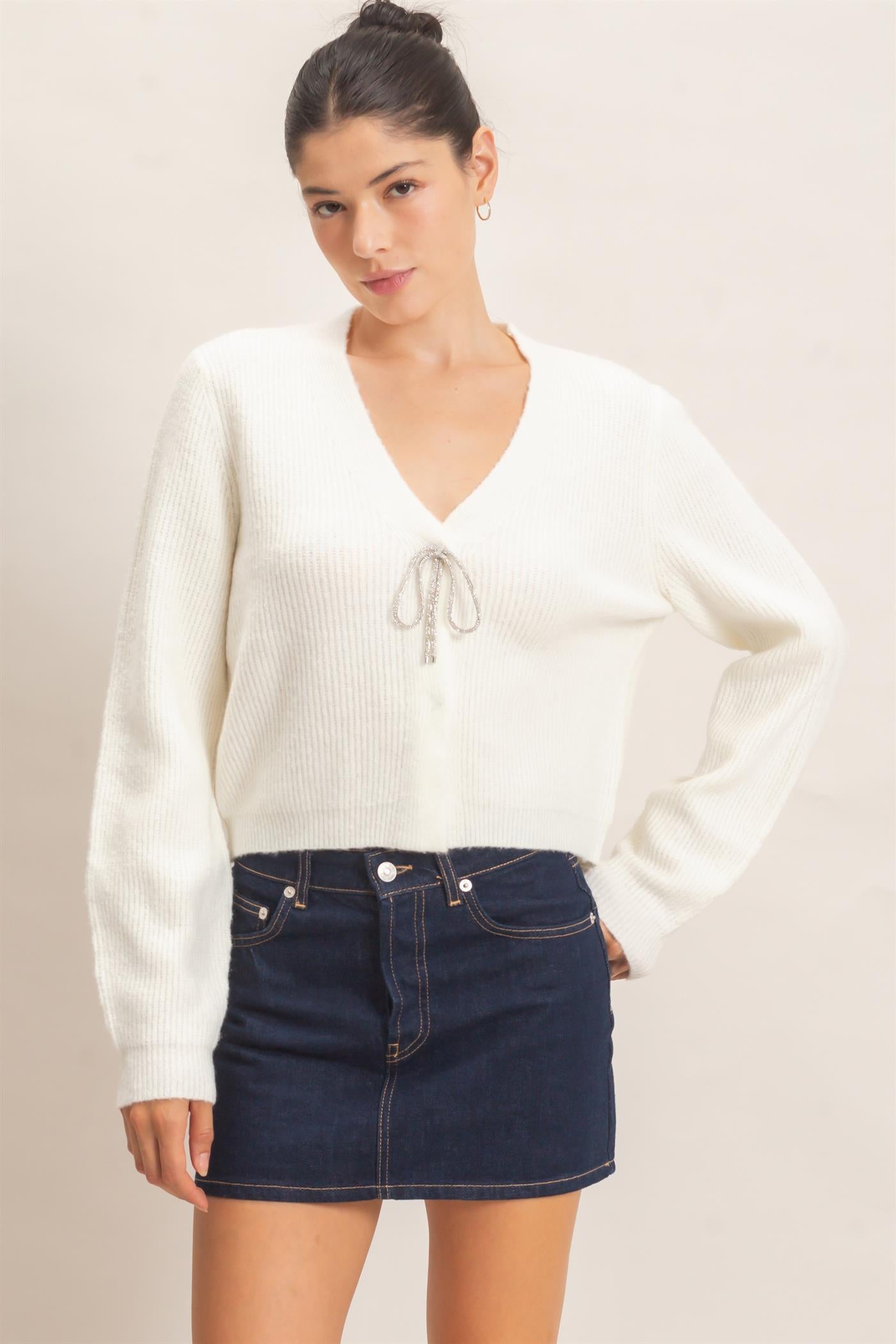 Wholesale Rhinestone Bow Tie-Front Sweater Cardigans HF26F183-D CREAM HYFVE
