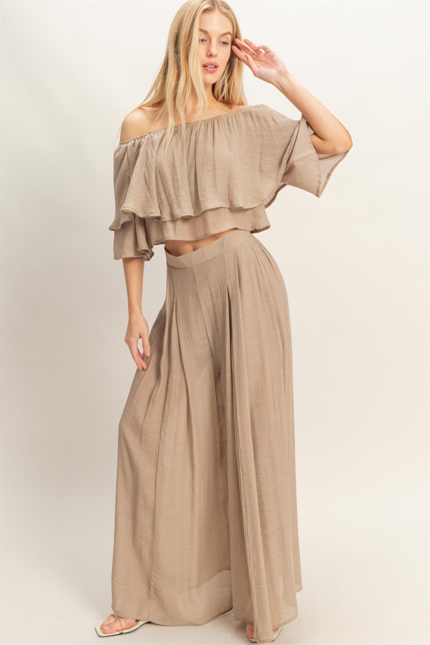 Wholesale Off Shoulder Top & Pleated Pant Set Clothing HF26C291-SET-D LIGHT MOCHA HYFVE