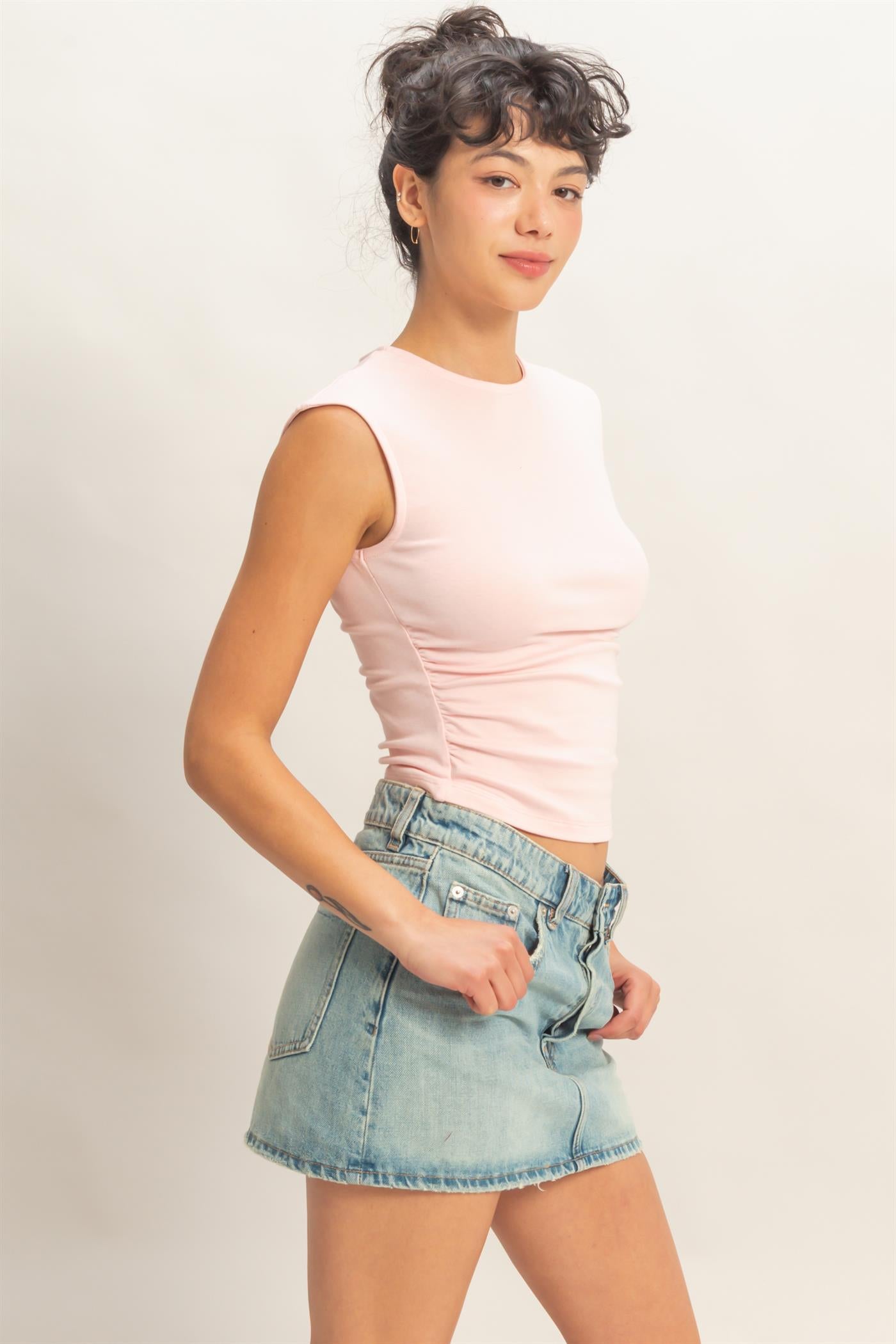 Wholesale Ruched Waist Cap Sleeve Top Clothing Tops DZ26A889 SOFT PINK DOUBLE ZERO