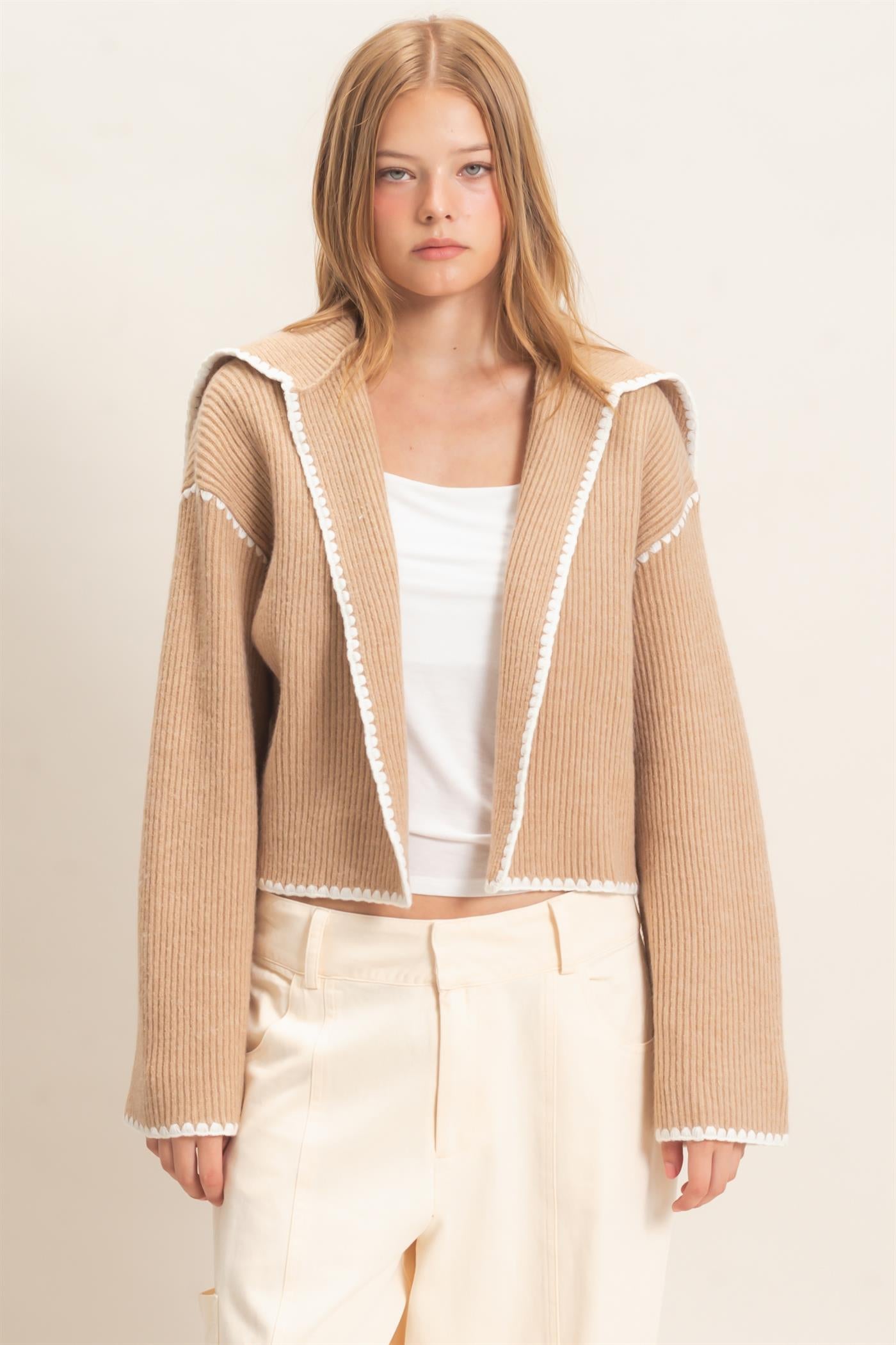 Wholesale Collared Cardigan Sweater With Picot Trim Cardigans HF26E897 TAUPE HYFVE