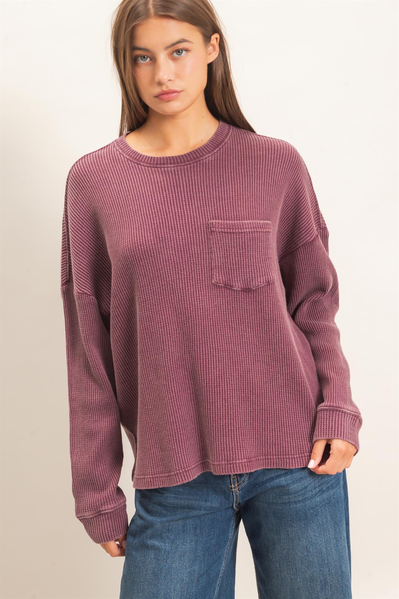 Wholesale Mineral Wash Waffle Long Sleeve Top Clothing Tops DZ26F242 DARK CHERRY DOUBLE ZERO