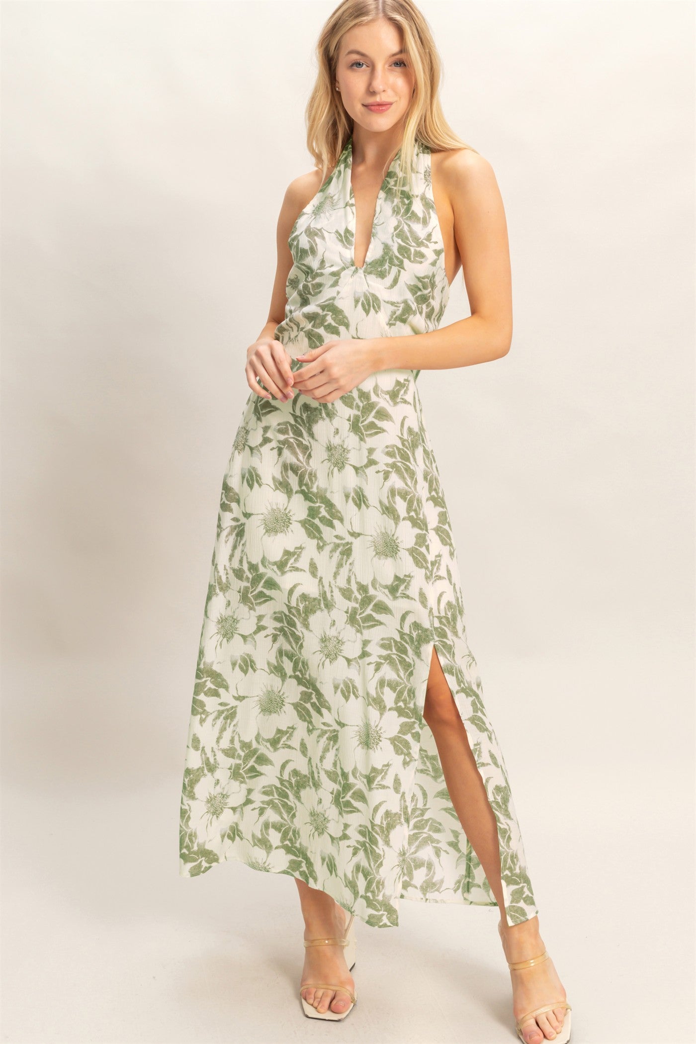 Wholesale Floral Halter Neck Dress Dresses HF26C752 LIGHT OLIVE HYFVE