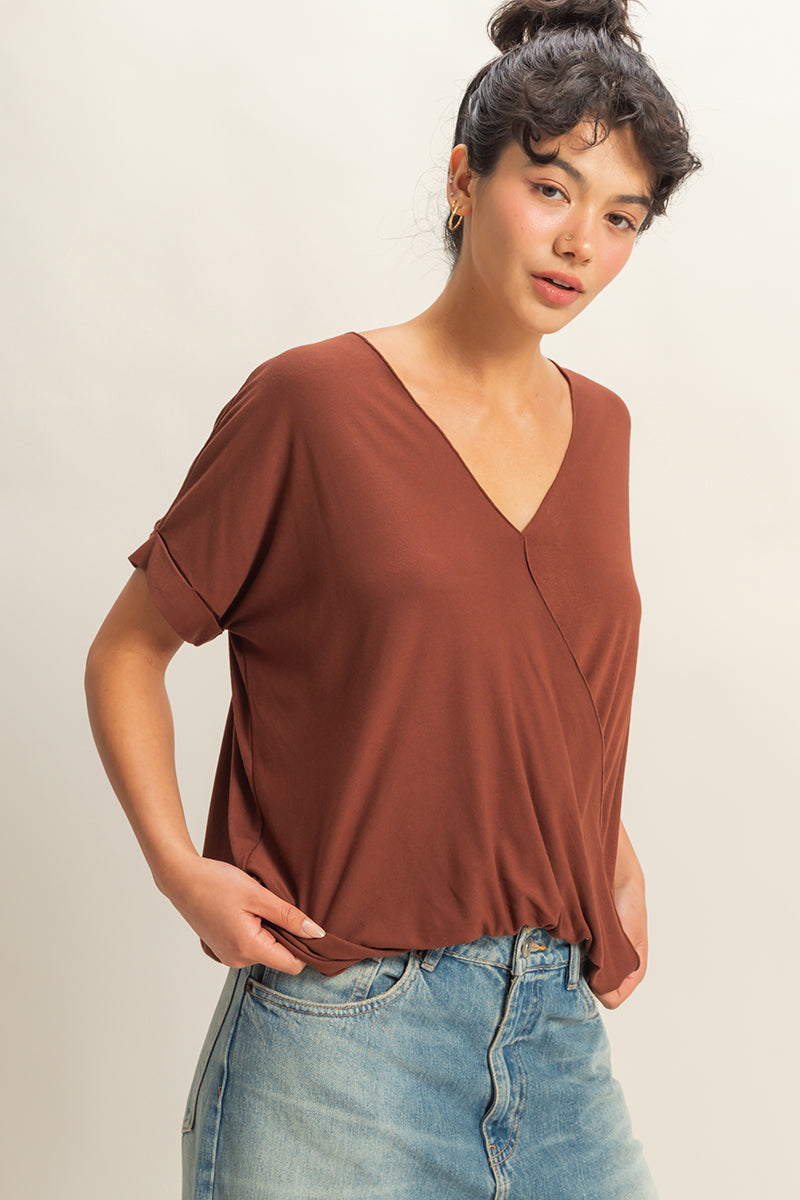 Wholesale V-Neck Oversized Top Clothing Tops DZ22A998 CHOCOLATE DOUBLE ZERO