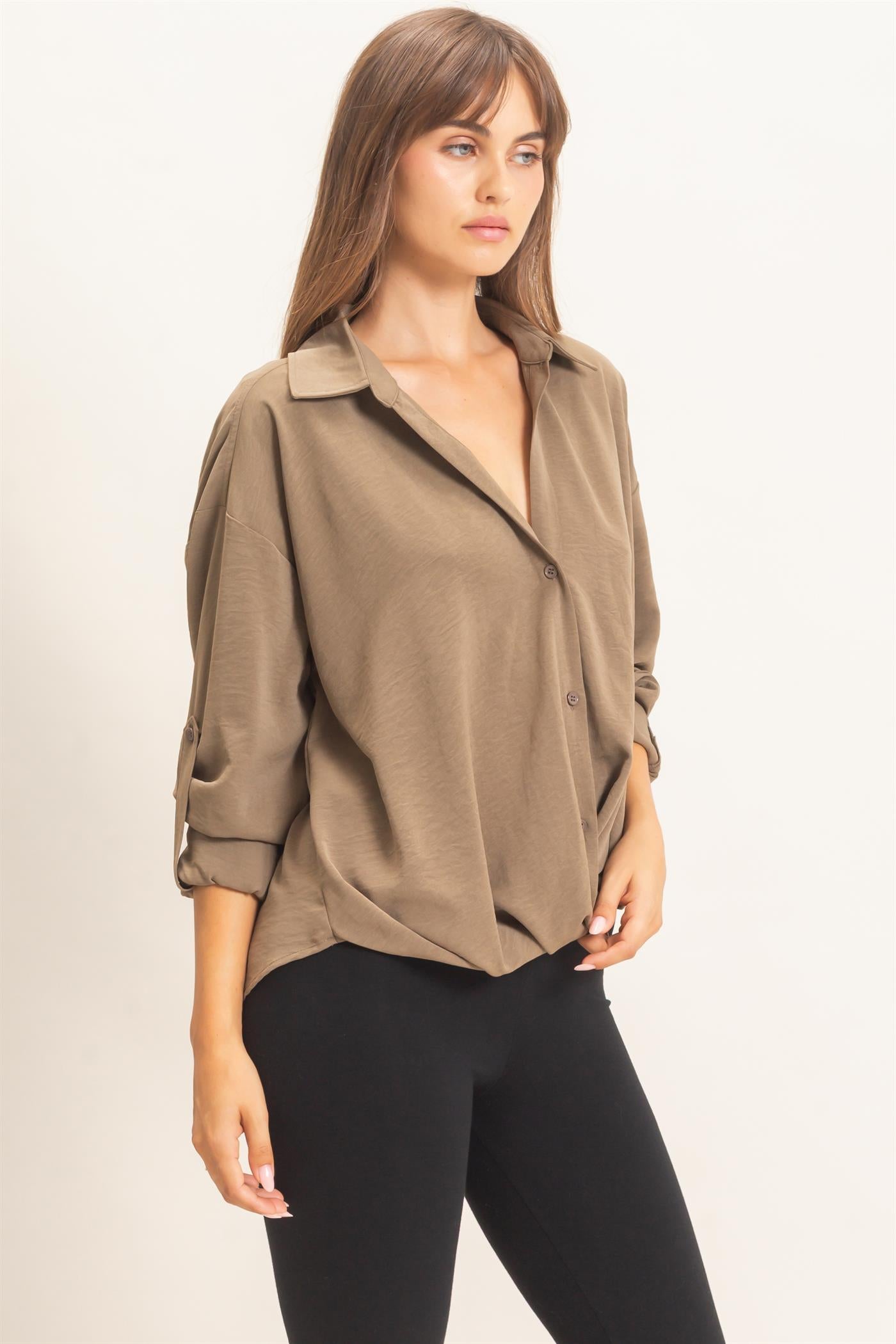 Wholesale Button-Up Dolman Sleeve Top Shirts HF26F070 OLIVE HYFVE