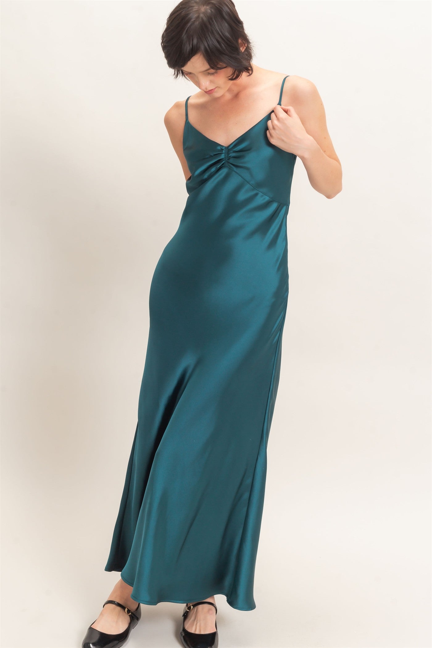 Wholesale Satin Slip Dress With Spaghetti Straps Dresses DZ26E380 DARK TEAL DOUBLE ZERO