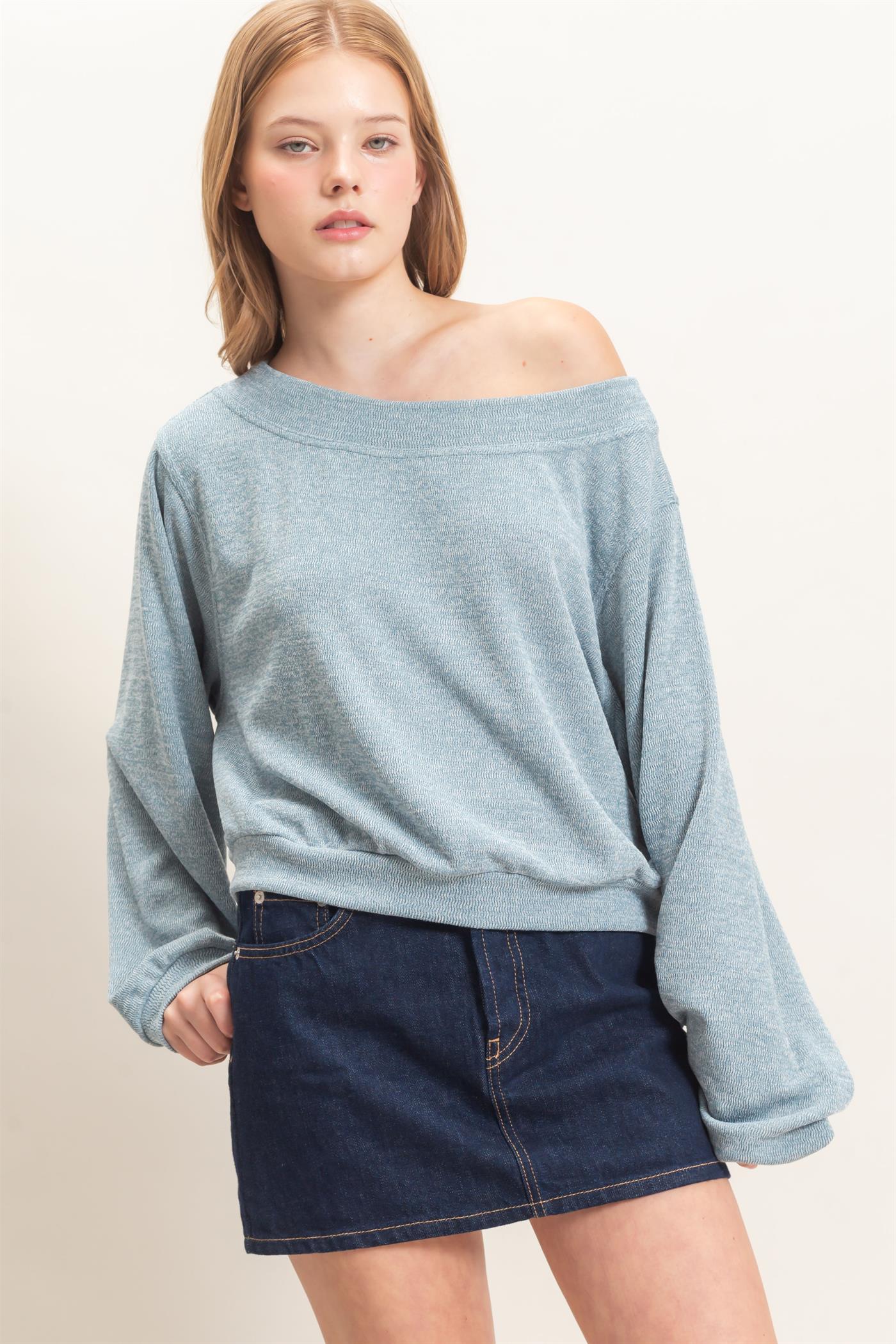Wholesale Off Shoulder Knit Sweatshirt Blouses HF26F028 BLUE HYFVE
